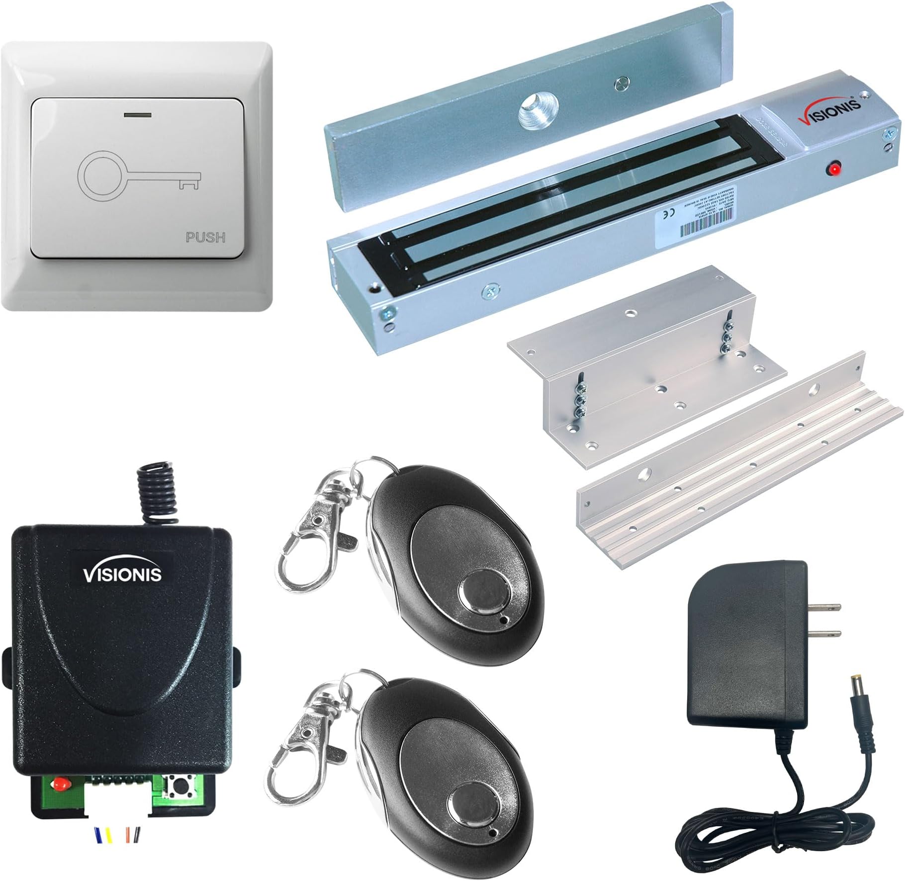 One Door Access Control Inswinging Door 600lbs Electromagnetic Lock Kit with Wireless Receiver and Remote Magnetic Lock System with VIS-7030 White Push to Exit Button - Visionis FPC-7466