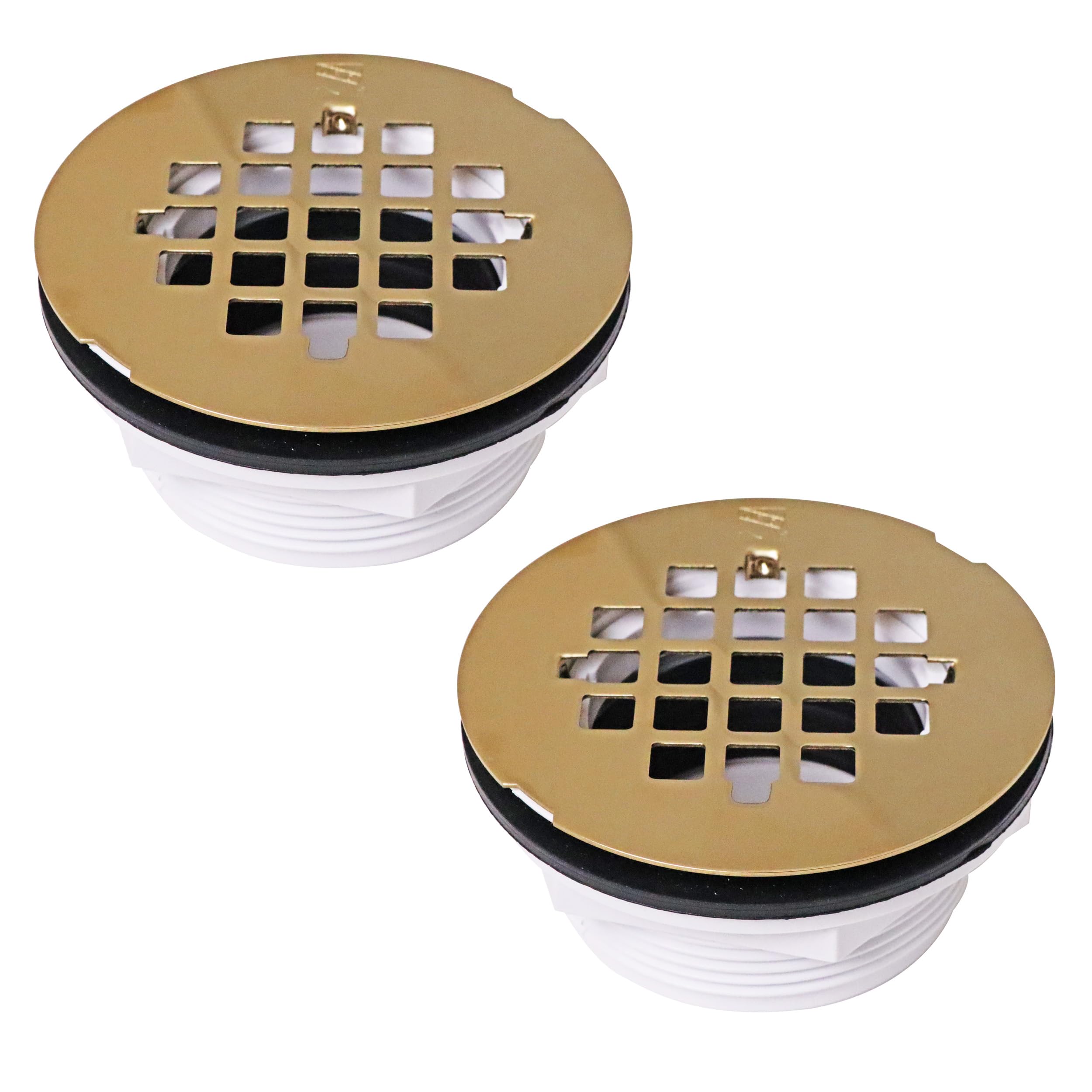 Westbrass D206P-2-01 2" No-Caulk PVC Compression Shower Drain with 4-1/4" Round Grid Cover, Polished Brass (2-Pack)