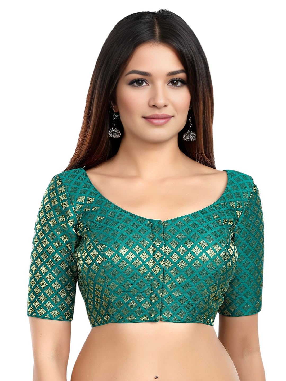 biyu Women's | Designer Blouse for Sarees | Brocade Woven Design Round Neck Elbow Half Sleeves Readymade Saree | Stylish Blouse | Crop Top Style Blouse-picture-9