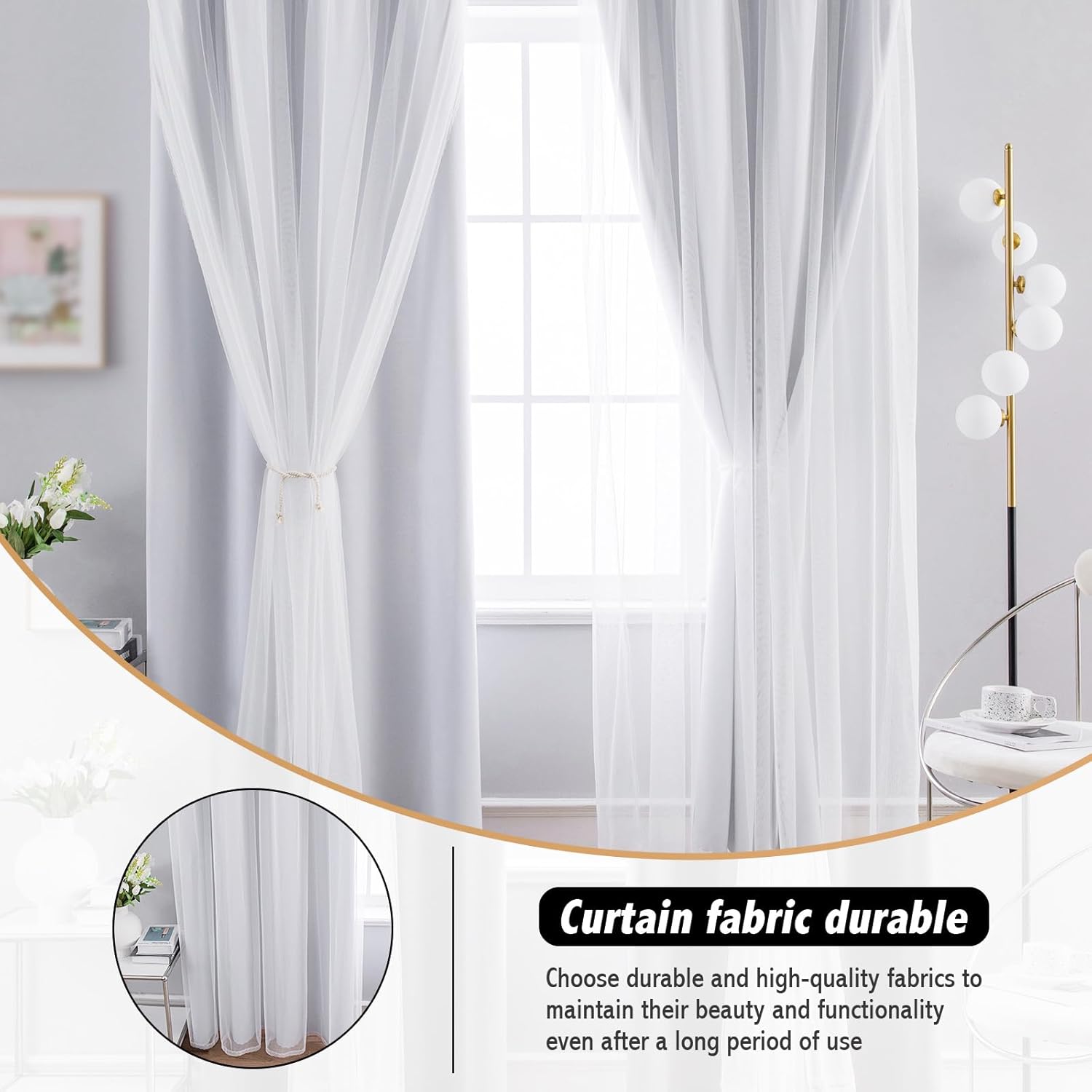 Anytime Home Curtains Blackout and Sheer Layered Solid Window Curtain Panel Pair with Grommet Top, 52Wx95L,Greyish White