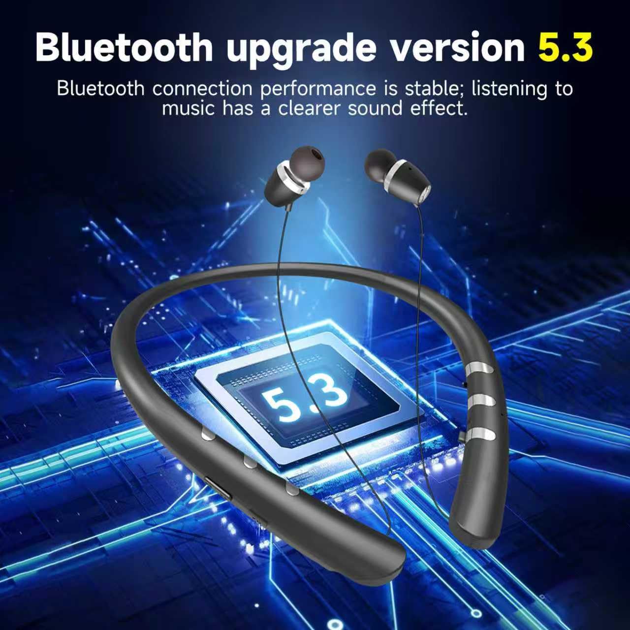 Photo 1 of Tyxmere Bluetooth 5.3 Neckband Bluetooth Headphone, Sweat Resistant Noise Cancelling Stereo Headphones, and Retractable Ear Tips for Music, Conference, Videos ?Bright Black?