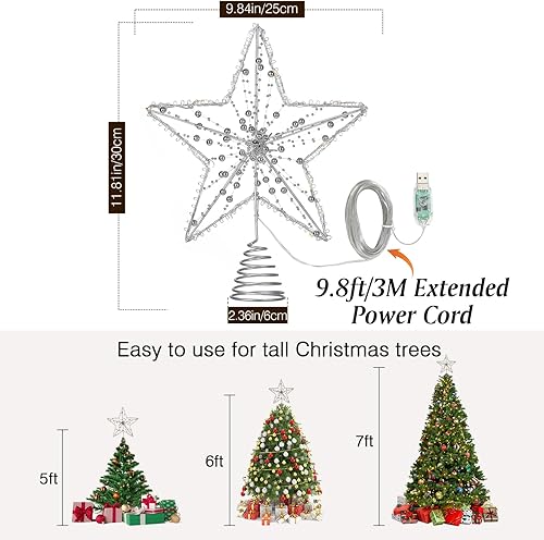 Miniatura 112 de Lewondr Decoración para árbol de Navidad, control remoto alimentado por USB, temporizador de 6 horas, estrella de árbol controlada con luces y Plata