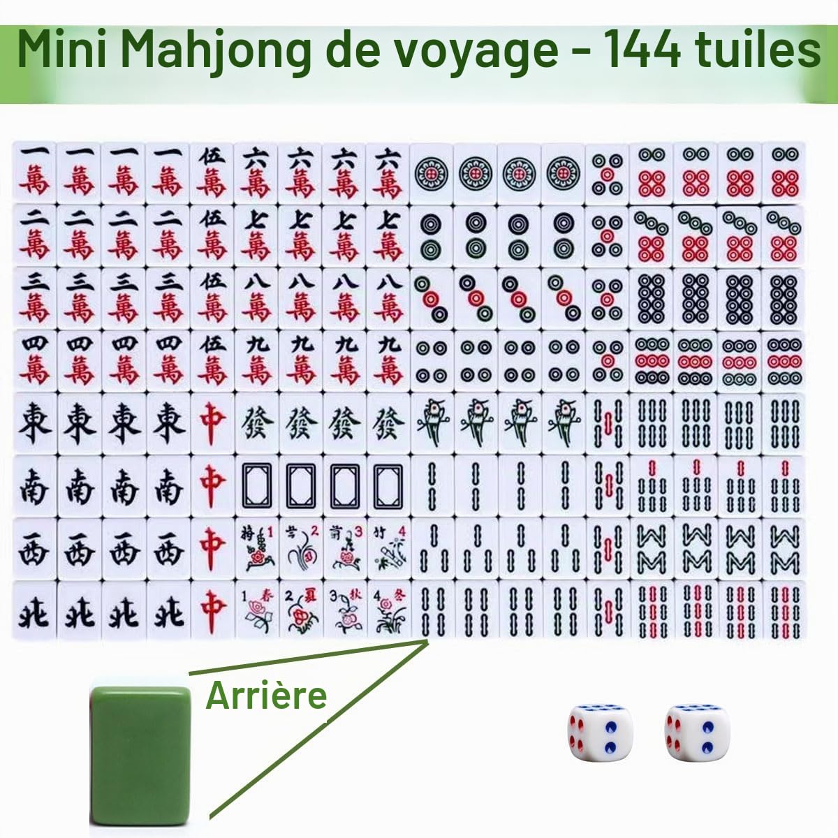 Lot de 144 pions Majong chinois traditionnel de 24 mm pour le voyage, avec boîte, kit de mah jongg avec racks et dés (24 x 16 x 12 mm)
