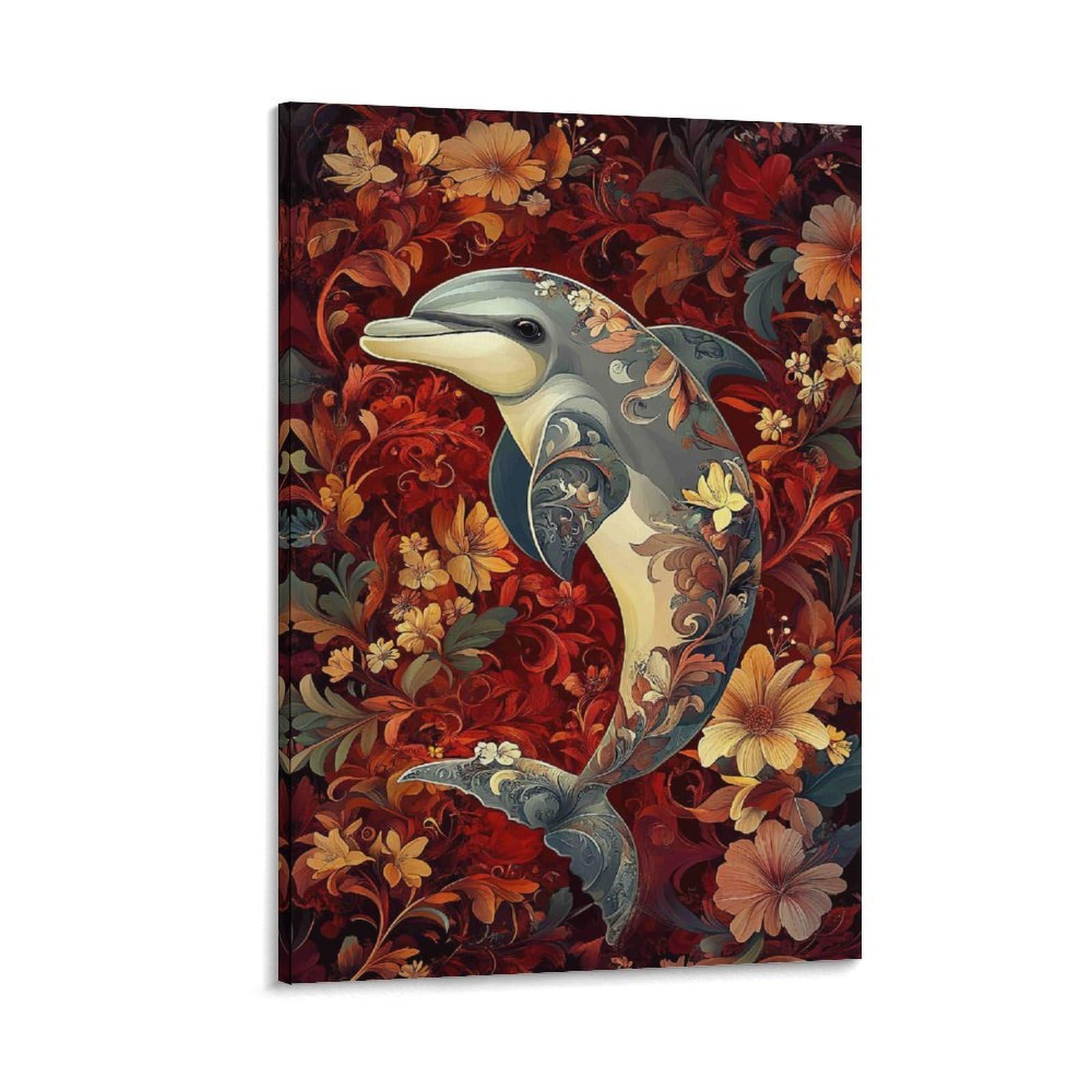 DHBANEIOK Dolphin Floral Art Poster Artwork Giclee Canvas Prints Modern Canvas Wall Art Picture Wall Hanging for Living Room Home Decorations 16x24inch(40x60cm)