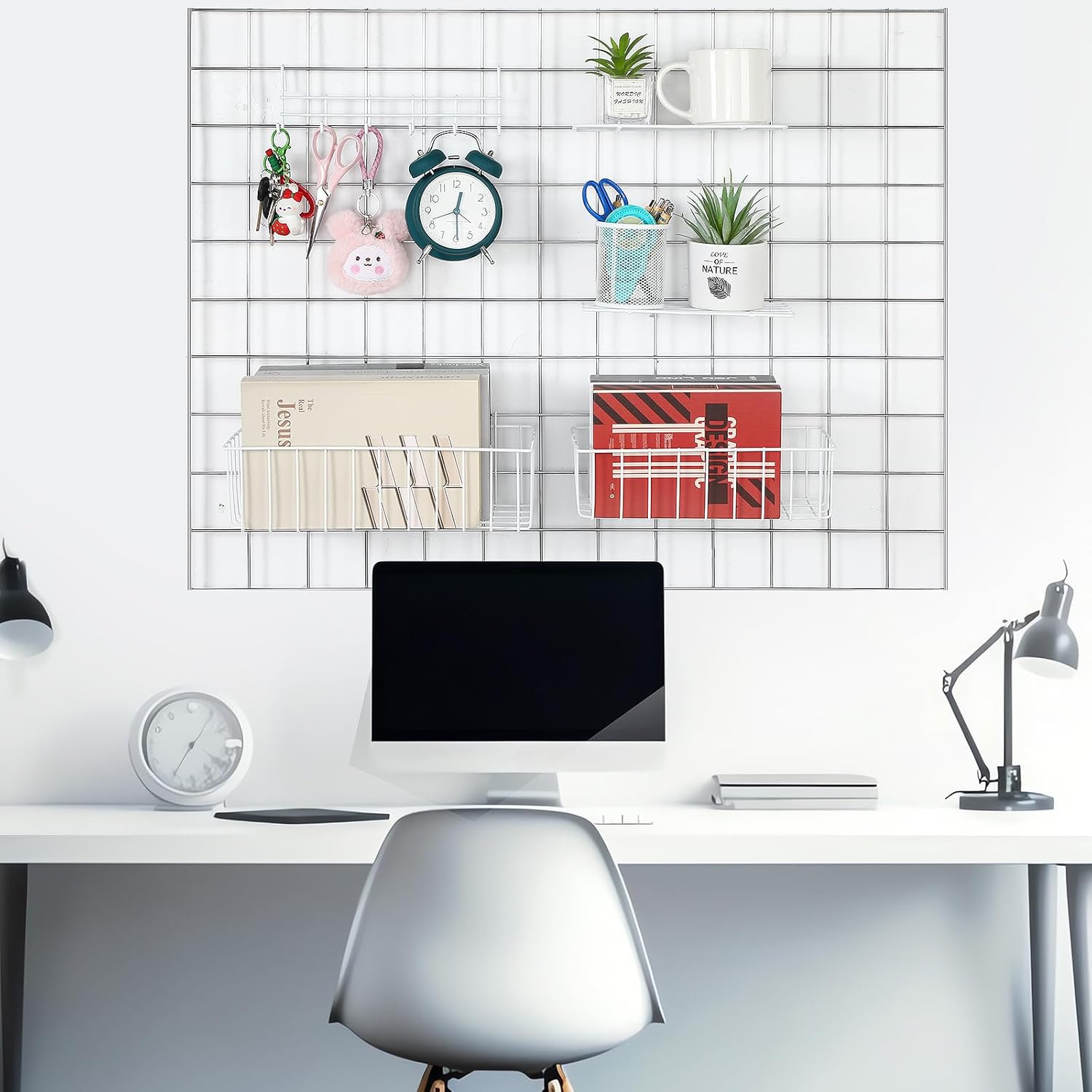 12 Pcs Wall Grid Hanging Basket Shelf Hooks Set bulk Grid Wall Accessories Includes 4 Basket 4 Wire Straight Shelf and 4 Hooks Rack Wire Accessories for Storage Display Organizer(White)