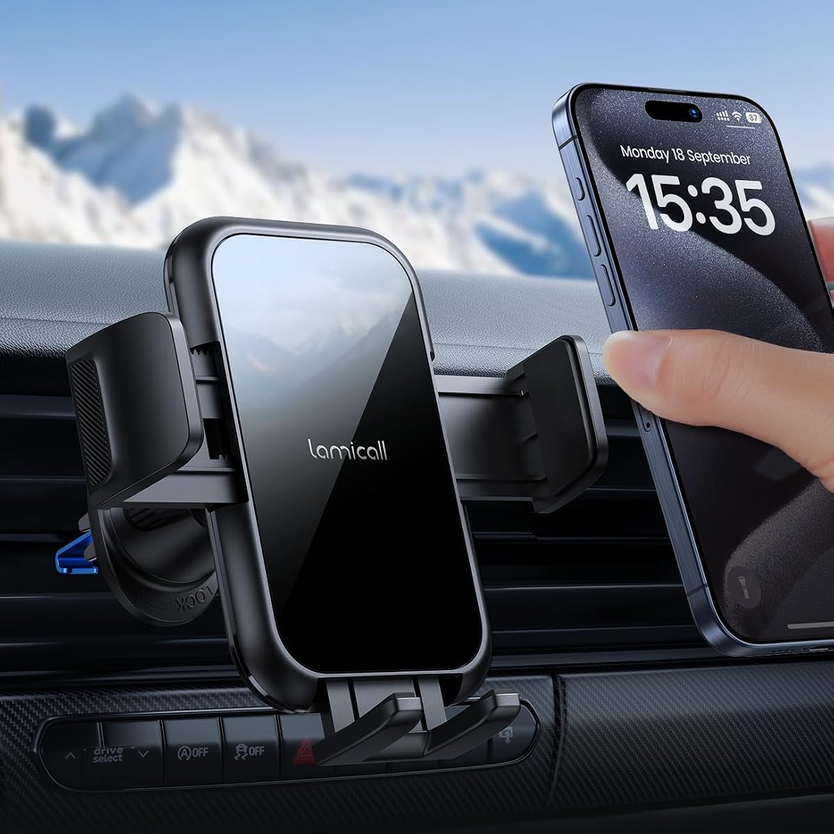 Lamicall 2026 Abrazadera más ancha y gancho de metal Accesorios de ventilación para soporte de teléfono para automóvil | Estuches Gruesos Soportes para Teléfono para Su Automóvil Manos Libres para Mujeres Hombres para iPhone 17 16 15 14 13 Pro Max Lucite Negro