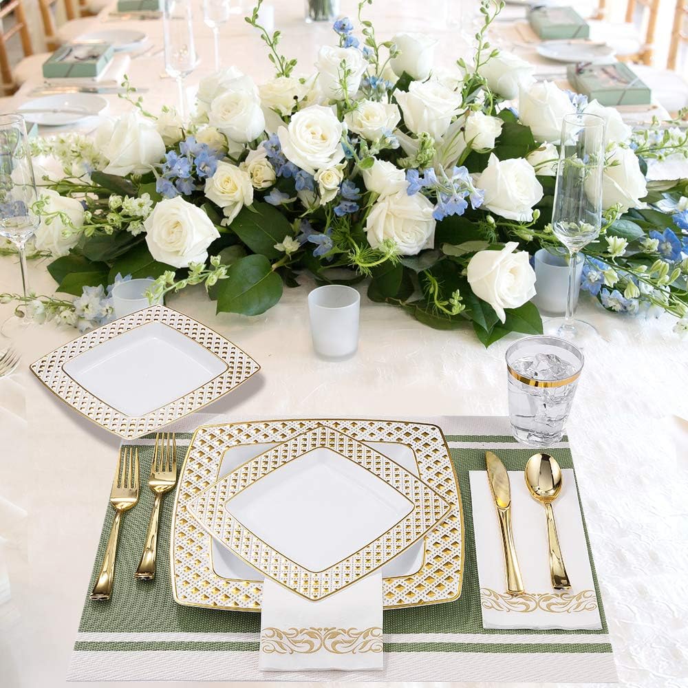 FOCUSLINE 175 Ct Gold Dinnerware Set for 25 Guests - Square Plastic Plates with Diamond Rim, Including 25 Disposable Dinner & Dessert Plates, Napkins, Cups, Cutlery - Image 6