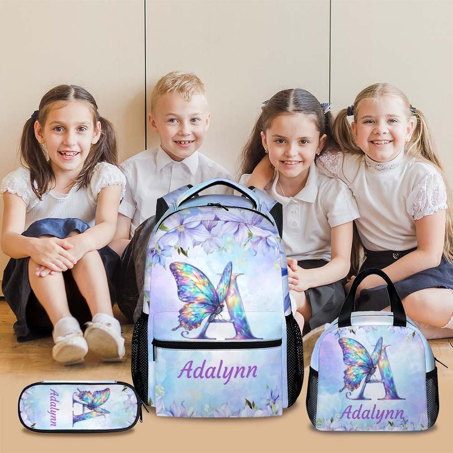Personalized Butterfly Backpack, Cute Initial Backpack with Lunch Box, Set of 3 Custom Schoolbag for Girls, 17 Inch Student Bookbag and Pencil Case Bundle for Travel and School