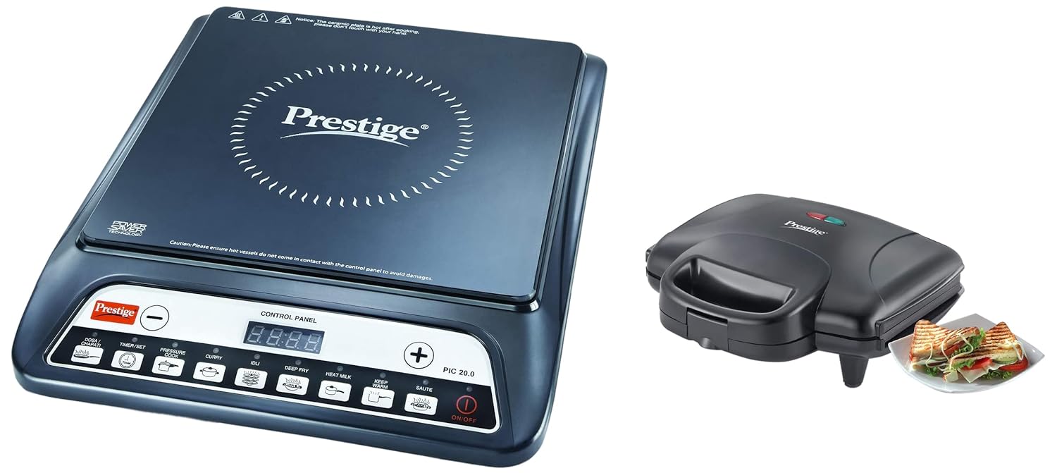Prestige PIC 20 1600 Watt Induction Cooktop With Push Button (Black), Sandwich Maker PGMFD 01, and 1.5 Litre Kettle 1500-Watts (Red)