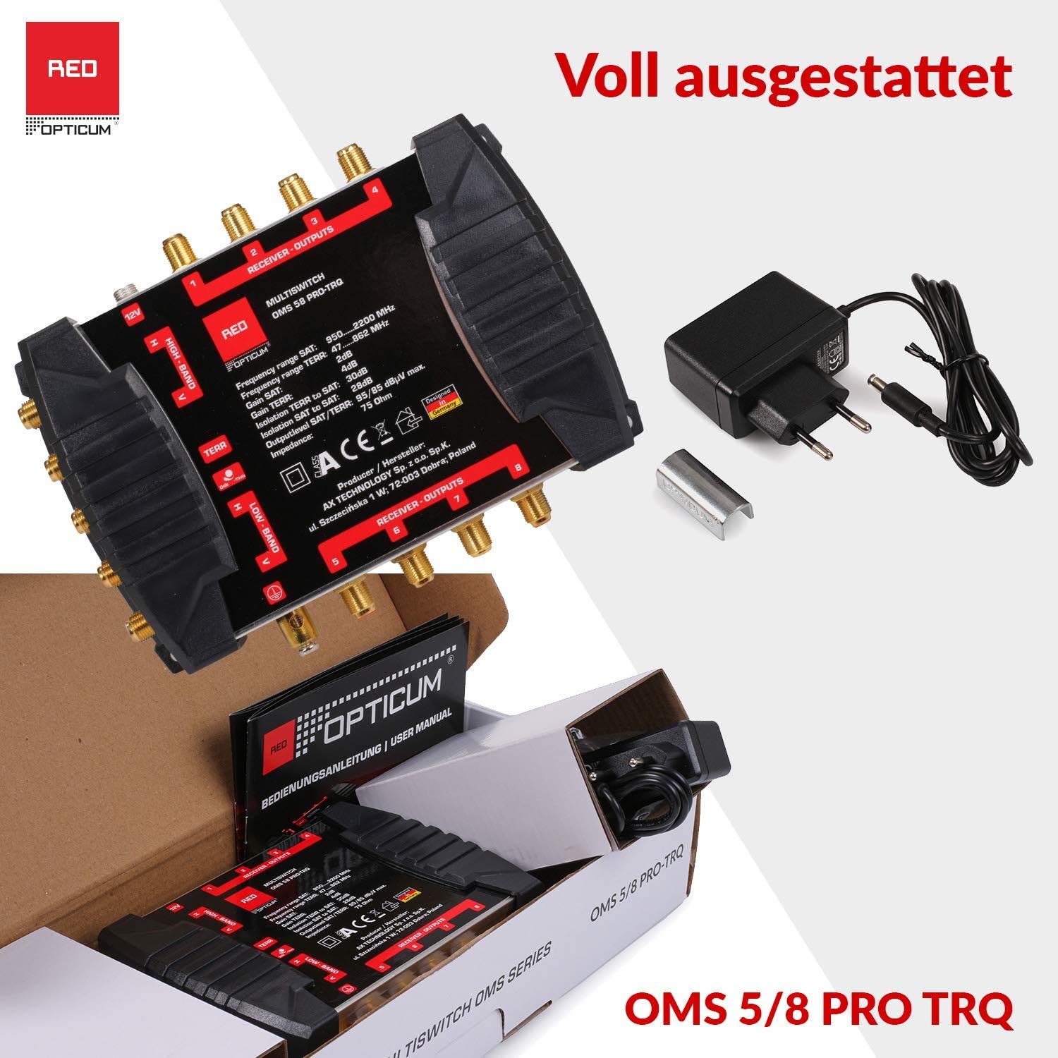 RED OPTICUM OMS 5/8 Pro TRQ Multiswitch pour recevoir Une Position Satellite jusqu'à 8 participants/Contacts plaqués Or/4K, 3D, UHD adapté/Quattro et Quad LNB adaptés 2084