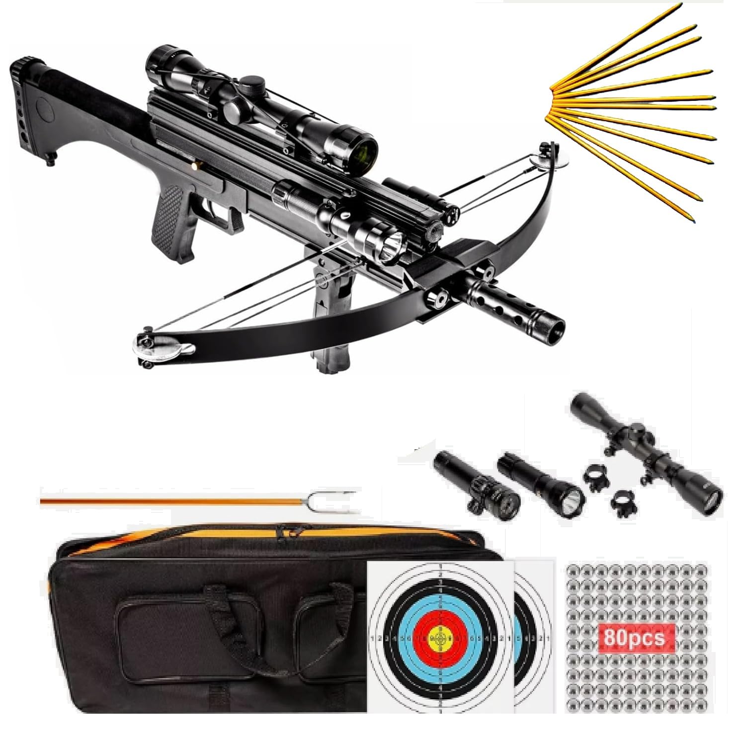 120lbs WT4 Hybrid Crossbow 250 fps Flashlight,Scope,Tactical Light,Laser Sight and Magazine. 12 Bolts Plus 80 Balls Combo.