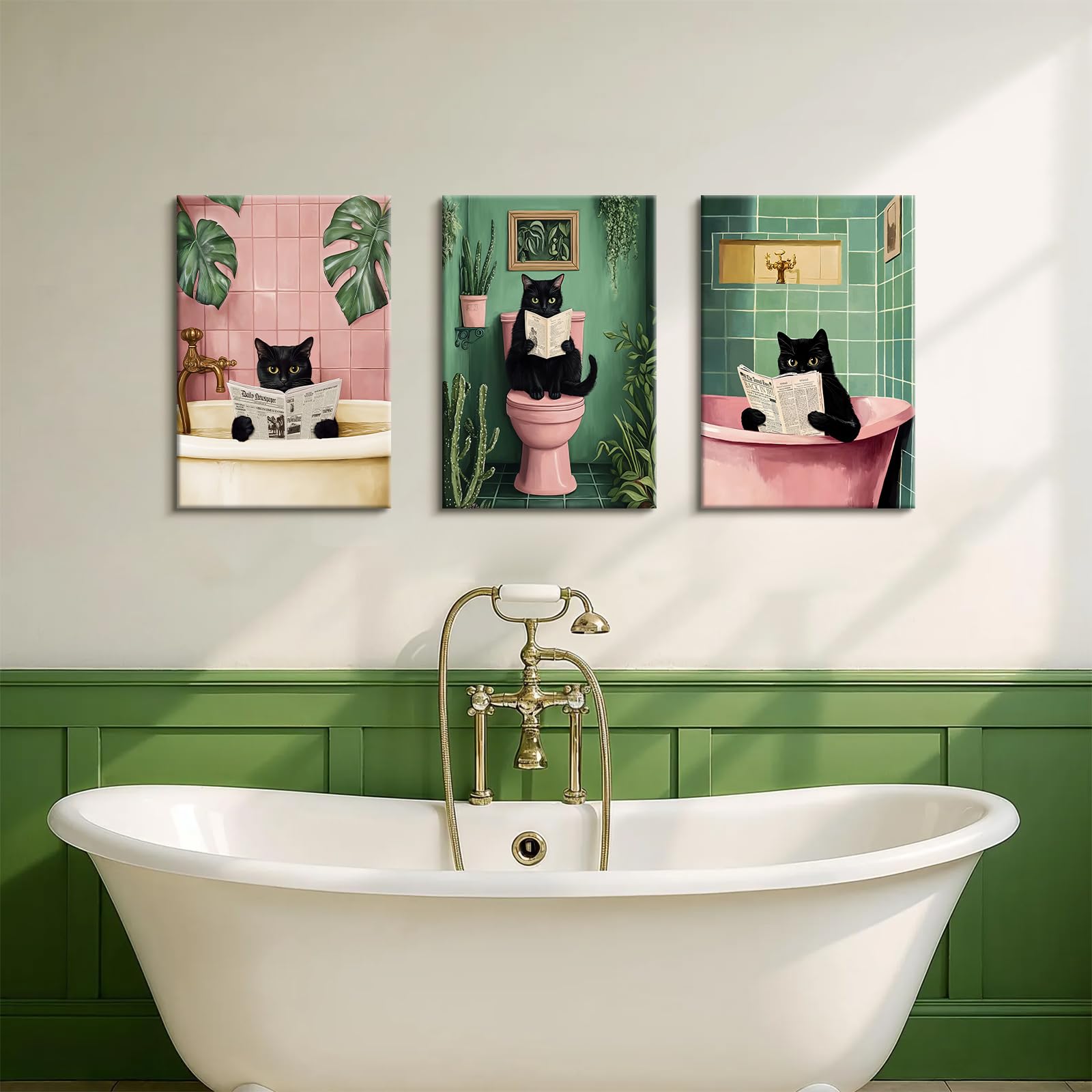 HALFLEMART 3 Pcs Wooden Framed Canvas Wall Art Funny Black Cat Canvas Prints Pink Green Plants Kitten Cat Bathing Painting Animals Humor Pictures Bathroom Toilet Bathtub Wall Decor 40x60 cm x3pcs - Image 4