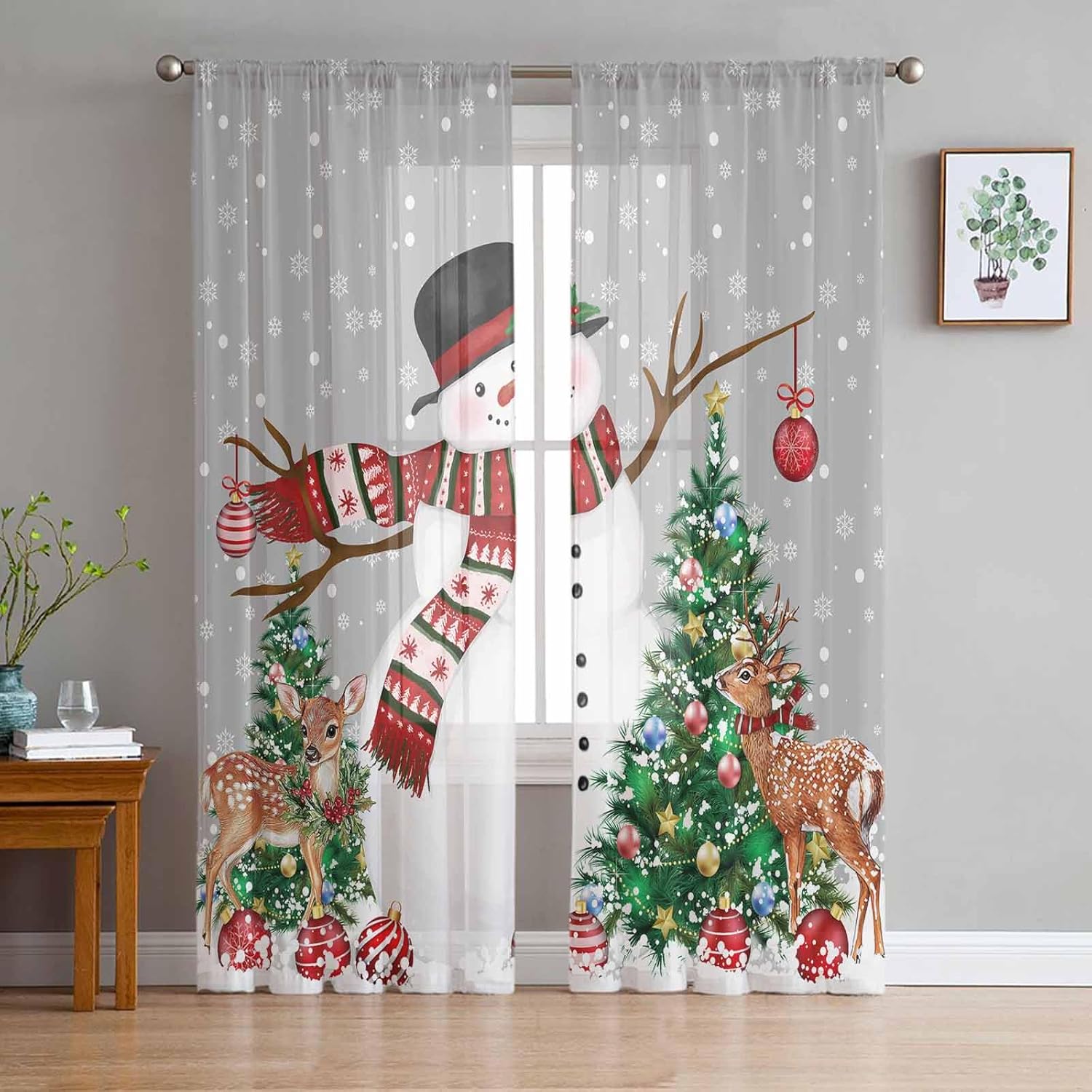 Christmas Sheer Curtains 54 Inches Long, Snowman Winter
