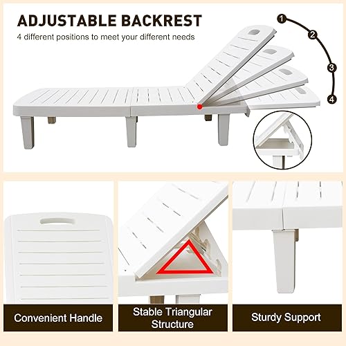 Miniatura 3 de Juego de 2 sillas blancas para patio, tumbona para exteriores con bandeja, respaldo ajustable, fácil de montar, tumbona de plástico impermeable para