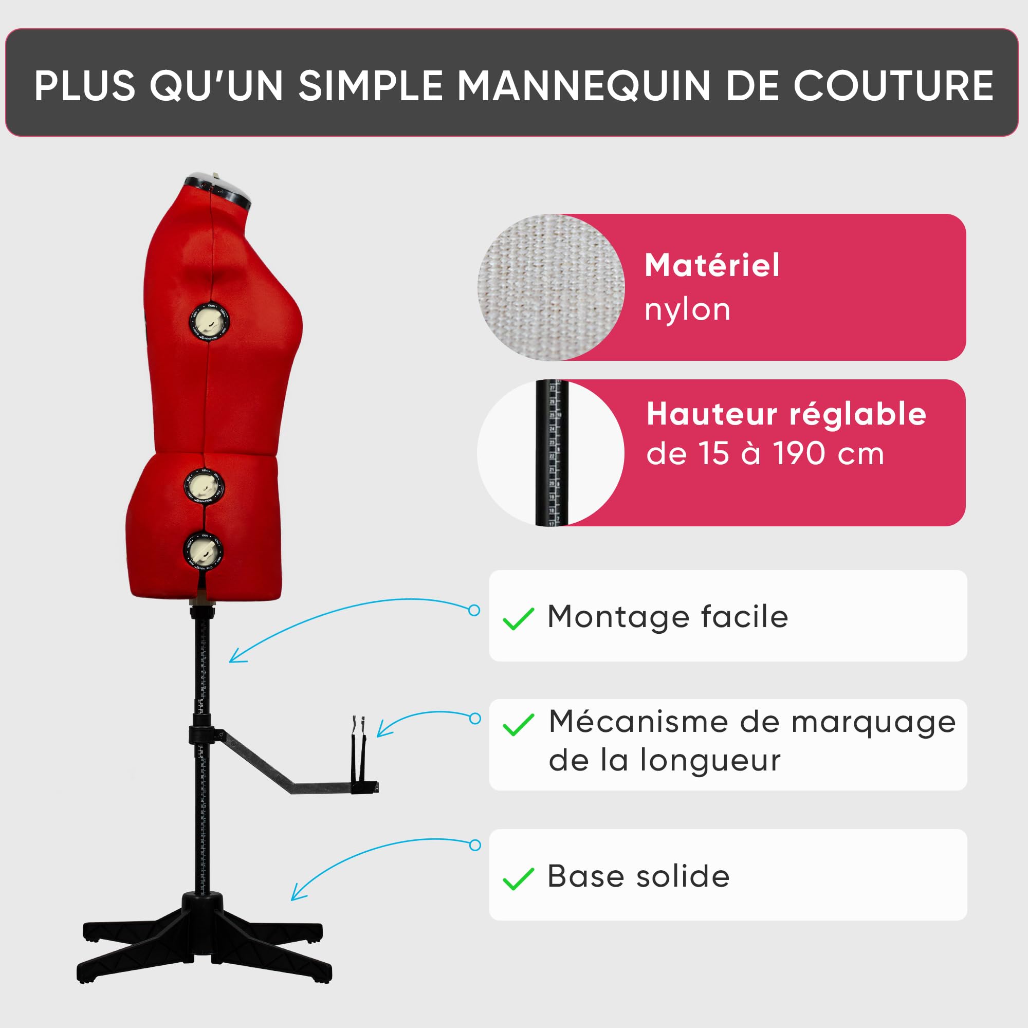 EFFEKTIV - Mannequin Couture Femme pour Exposition de Couturières, Mannequin Couture Femme Reglable en Hauteur, Design Ergonomique avec Fixateurs, 13 éléments, Taille S-L (36 - 44 Euro), Rouge