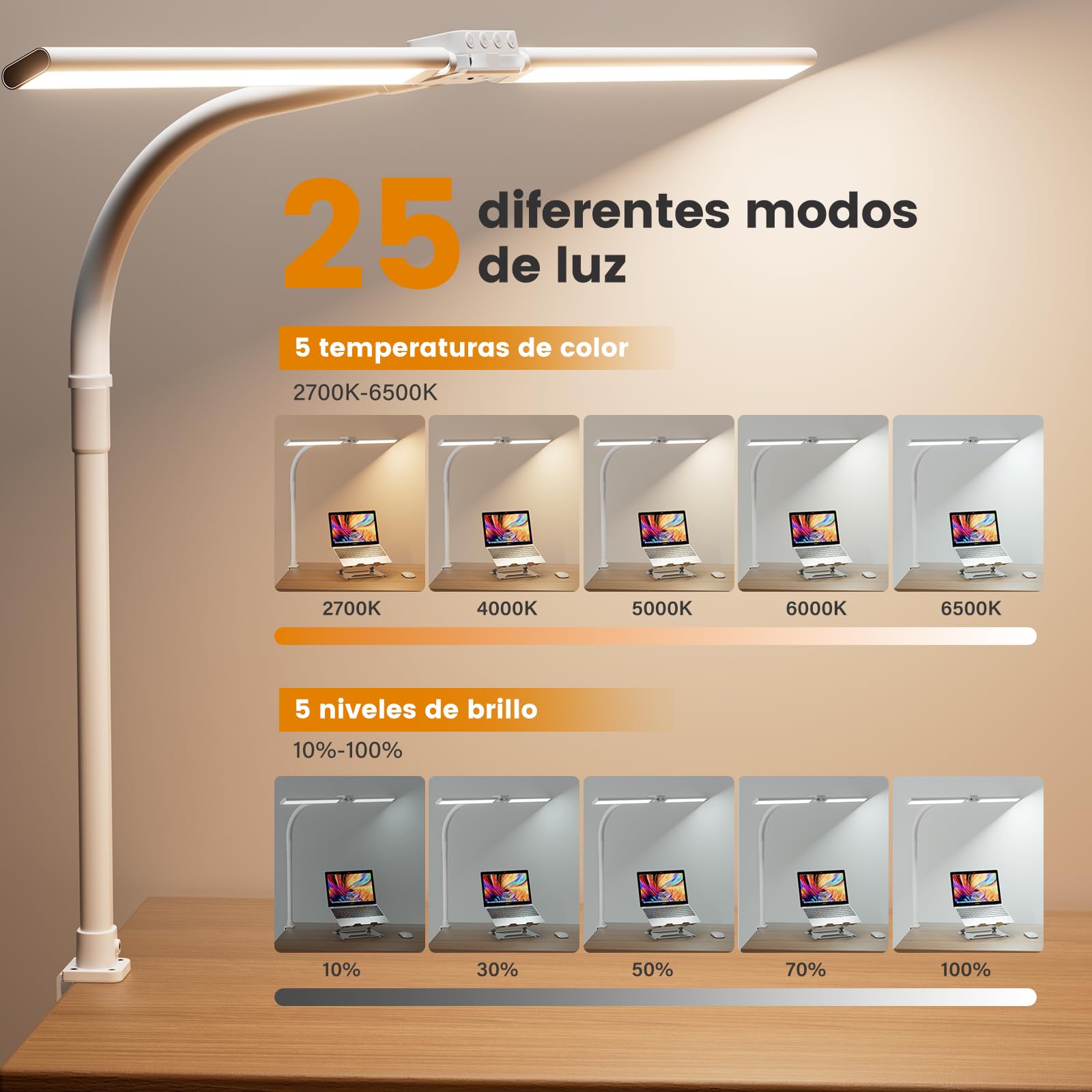 SIBRILLE Lampara Led Escritorio con Pinza, Lámpara De Escritorio Giratoria Para Ordenador Y Oficina En Casa, Lámpara De Escritorio Regulable Ajustable Con Cuello De Cisne, Doble Cabezal, Blanco