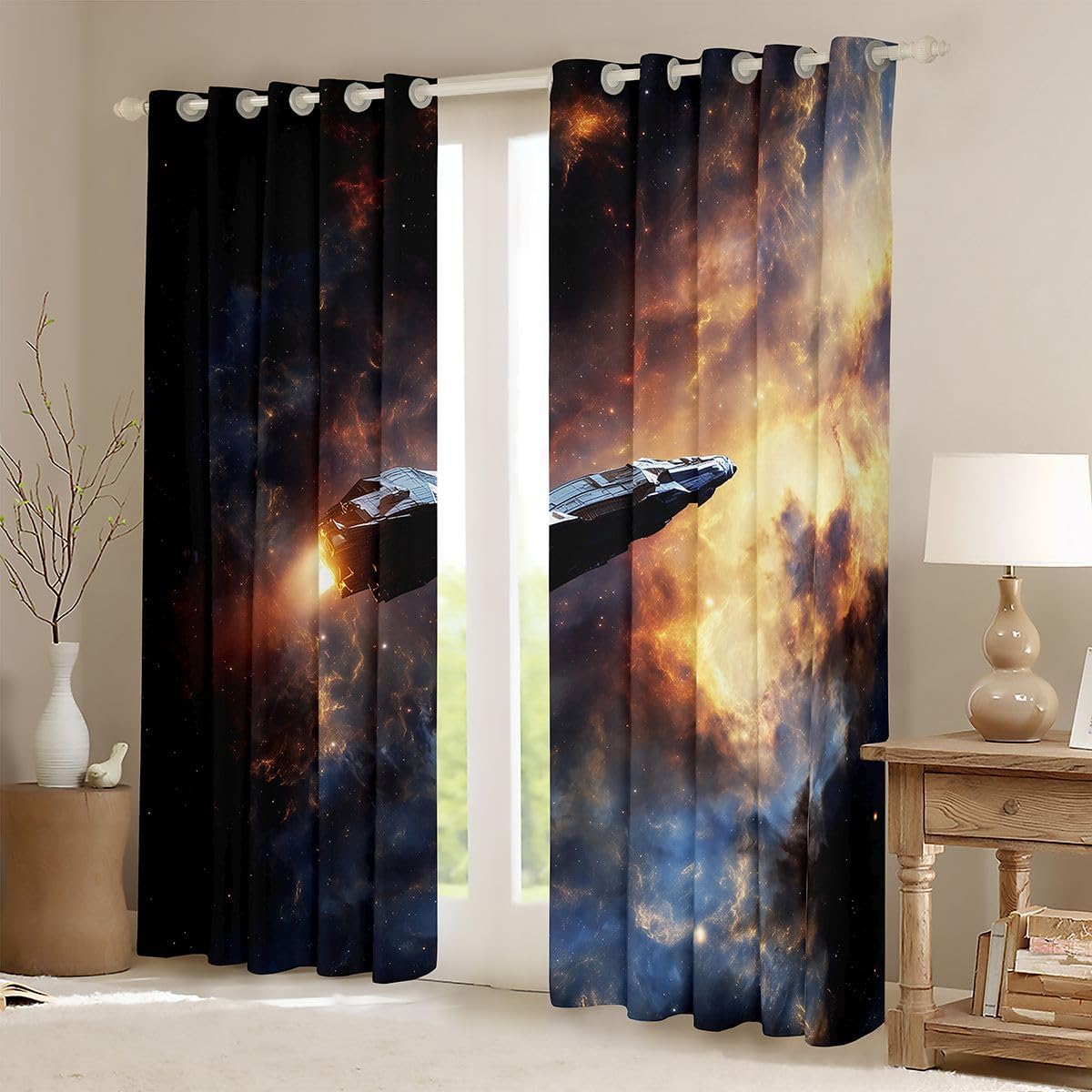 Outer Space Spaceship Starry Moon Bedroom Curtains Mystic Spacecraft Universe Bookshelf Window Drapes for Kids Space Aesthetics Blackout Drapes Window Treatments Grommet Top 38Wx45L Inch 2 Panel Set