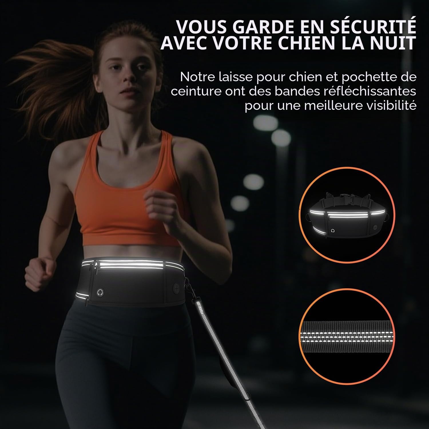 Laisse Canicross Chien, Laisse Main Libre pour Chiens, Longe de Jogging Élastique 160-220cm, Anti-tirons, Réfléchissant, Ceinture Réglable, Double Poignée pour Course à Pied, Marche