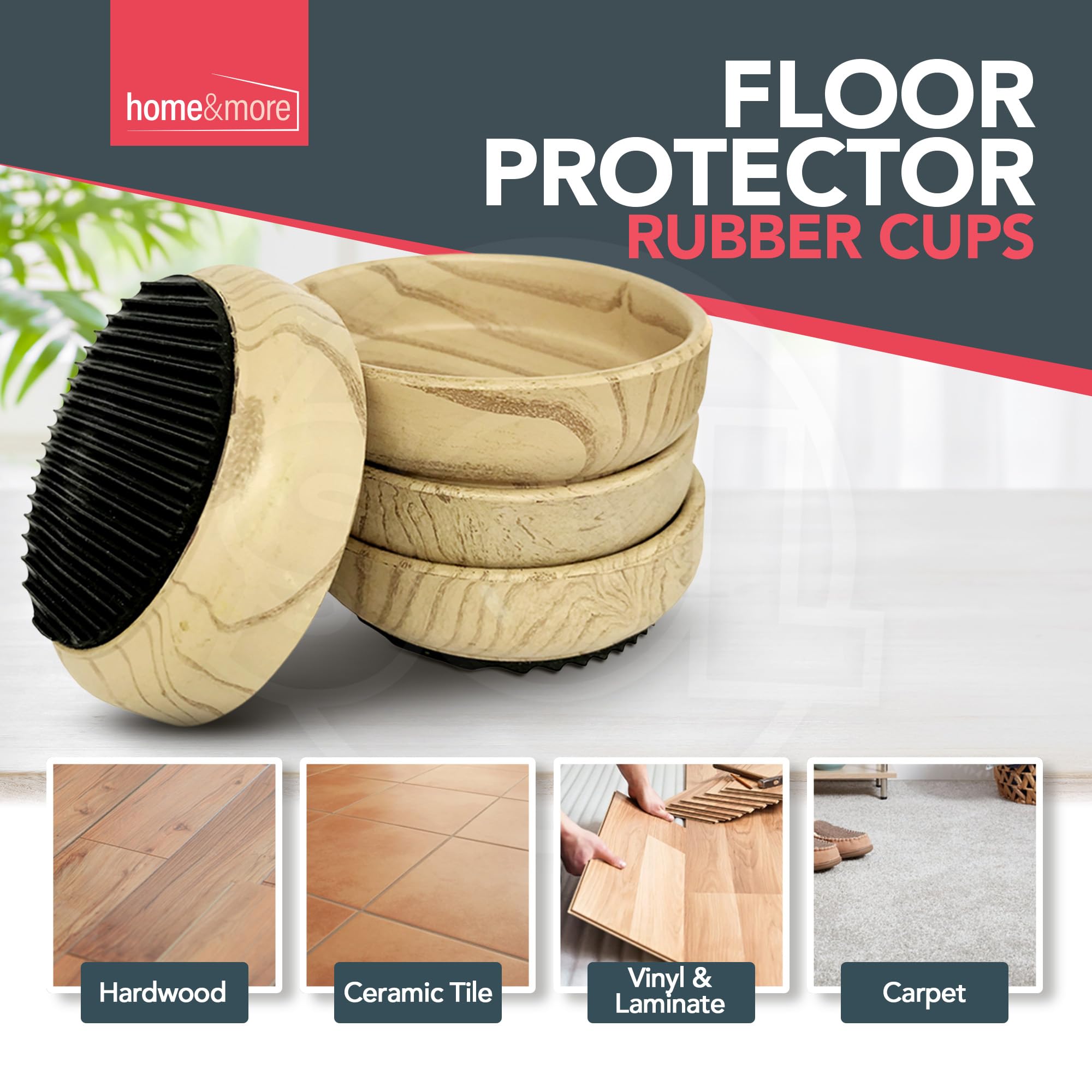SOL 12pk Rubber Base Castor Cups Furniture Carpet Sofa Leg Floor Protectors Chairs Tables Beds Wheels Non Slip Stability Heavy Support Scratch Prevention Home Office Hardwood Laminate Tiles - Image 3
