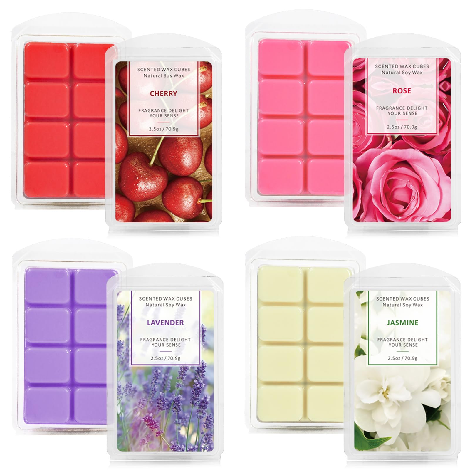 DERDUFT Floral & Fruity Wax Melts Set of 4 - Lavender, Jasmine, Rose, Cherry - 70.9g Each, Long-Lasting Fragrance, Perfect for Relaxation & Home Fragrance
