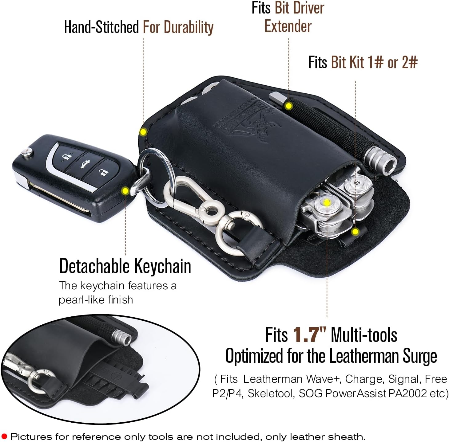 FLYHOMES Genuine Leather Multitool Sheath | Handmade Stitched Belt Organizer for Leatherman Surge | Holds Bit Kit & Extender | EDC Tools Pouch (Black) Large