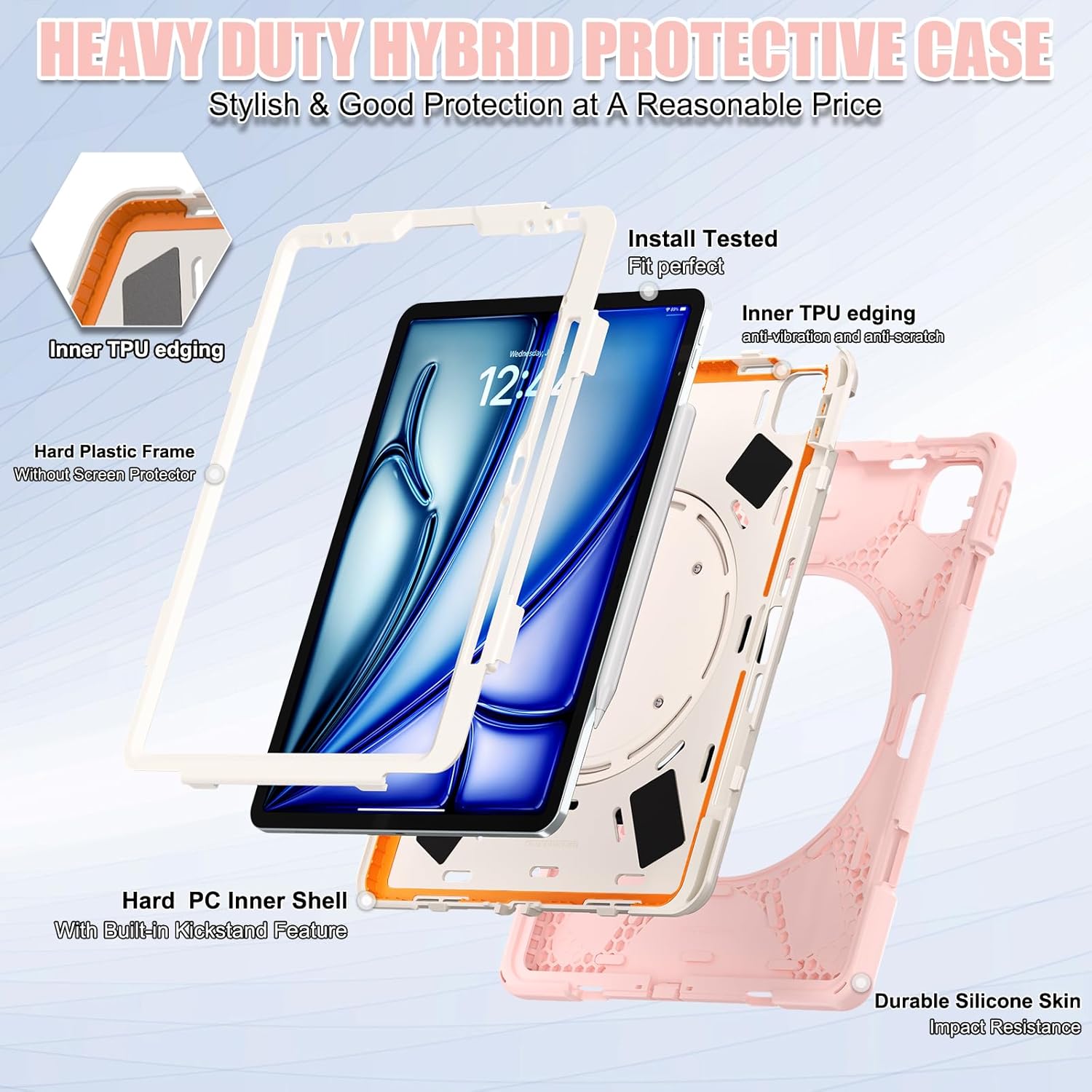 SCSVPN Case for iPad Air 13 inch M4/ M3/ M2 (2026/2025/2024) & iPad Pro 12.9 Case 6th/5th/4th/3rd Gen 2022 2021 2020 2018, Protective Cover w/Pencil Holder, Rotate Stand/Handle, Shoulder Strap, Pink