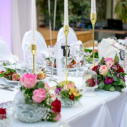 Miniatura 7 de Juego de 3 portavelas cónico dorado, decoración para velas de pilar, palillos de metal modernos para centro de mesa, boda, comedor, fiesta,