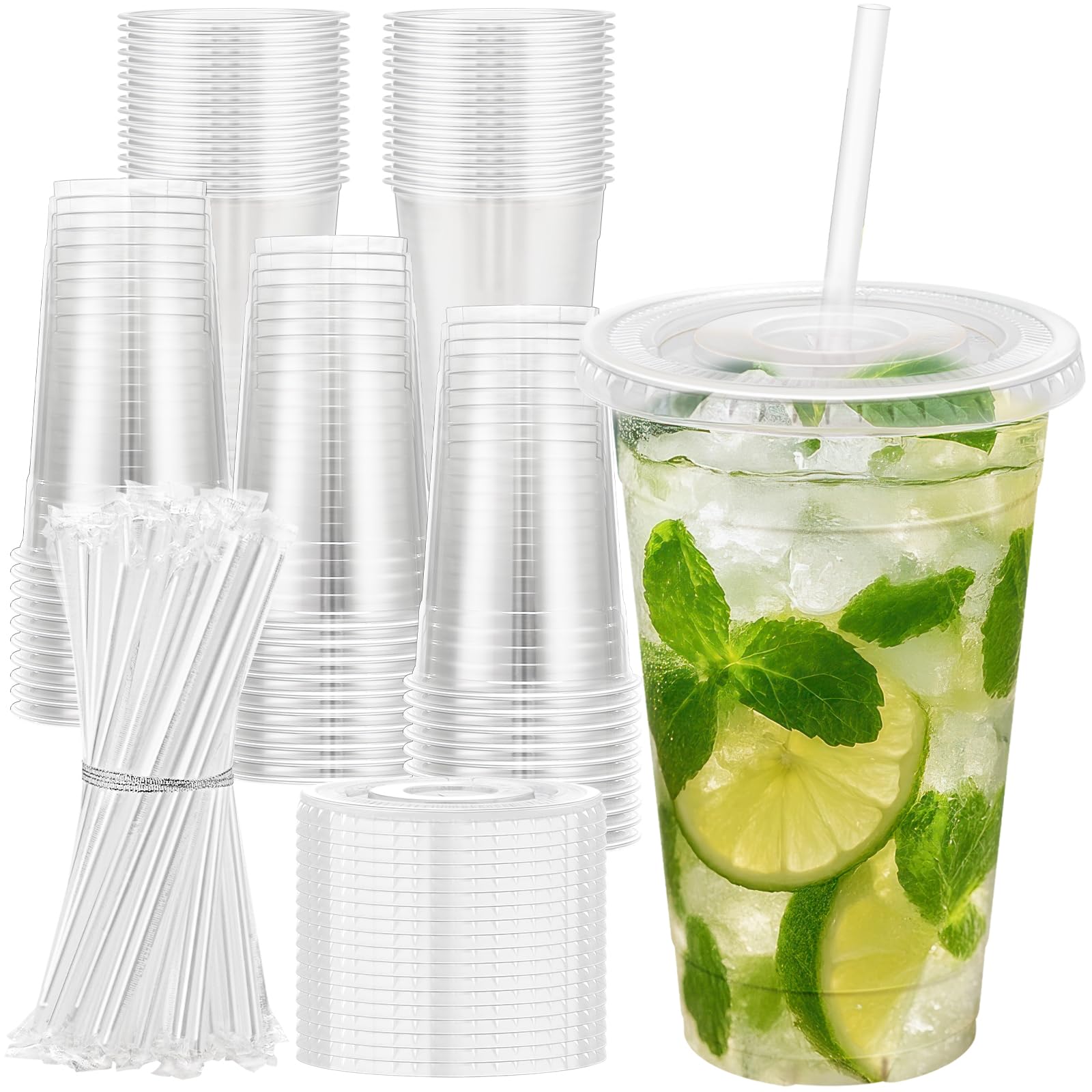 Lamosi 100 Pack 24 oz Clear Plastic Cups with Lids and Straws, Disposable Plastic Coffee Cups with Lids for Iced Coffee, Cold Beverages, Smoothies and To-Go Drinks