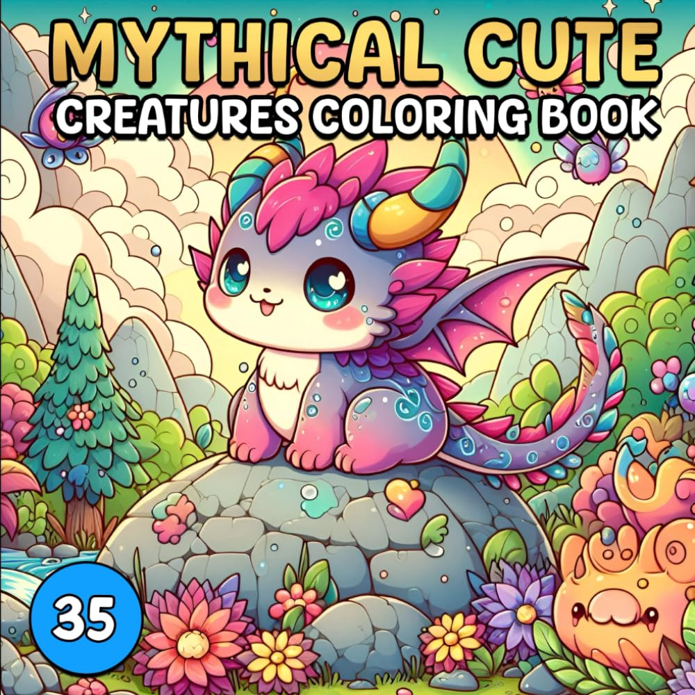 Mythical Cute Creatures Coloring Book: 35 Whimsical And Kawaii Fantasy Mystical Dragons , Animals And Beasts Coloring For All Ages