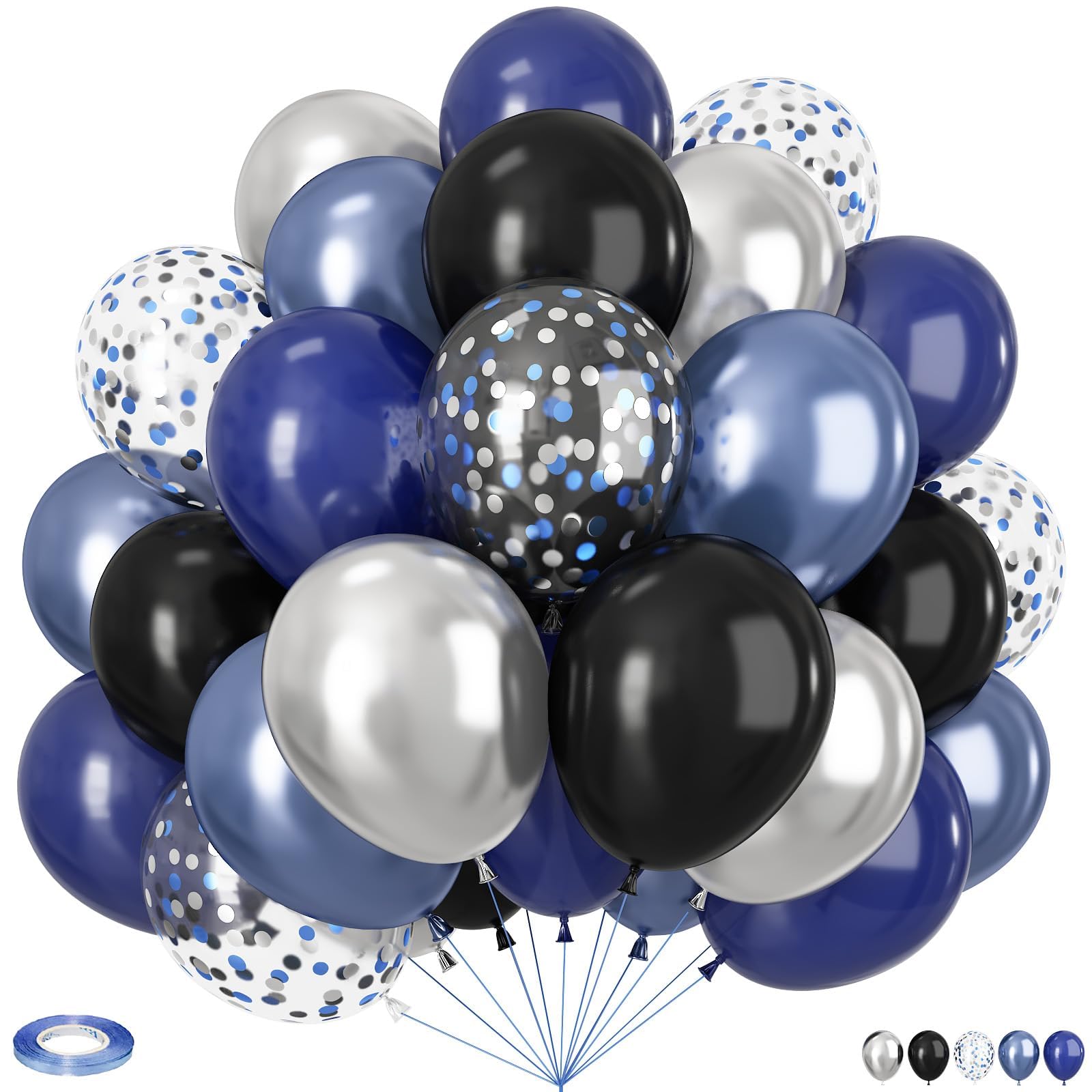 Black and Blue Balloons, 60pcs 12Inch Black and Navy Blue Silver Balloons,Metal Silver and Confetti Balloon for Graduation Birthday Baby Shower