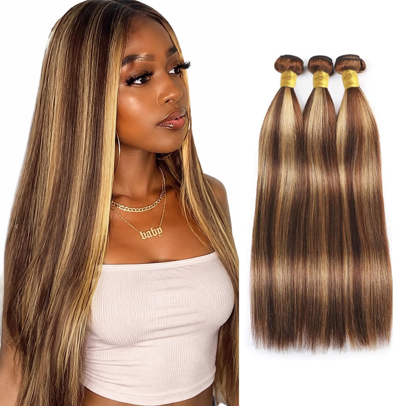 Photo 1 of DDFAH Straight Human Hair Bundles - Honey Blonde Highlight, 26" 28" 30"