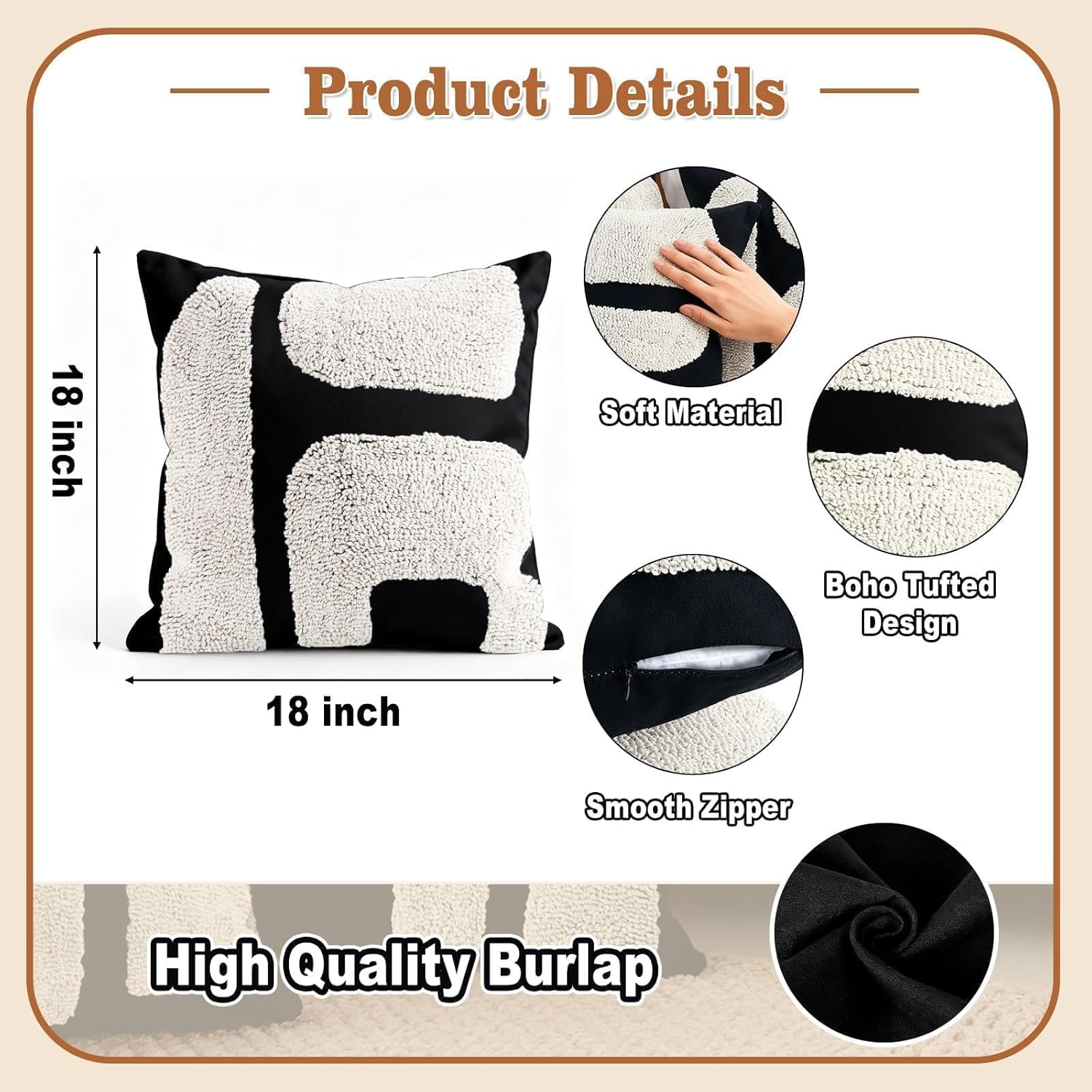 LandIdyll 4 Pcs Black and Cream Chunky Tufted Pillow Covers 18 x 18 Inch Boho Black and White Throw Pillow Covers Set Decorative Modern Abstract Geometric Pillowcase for Living Room Bed Couch Sofa