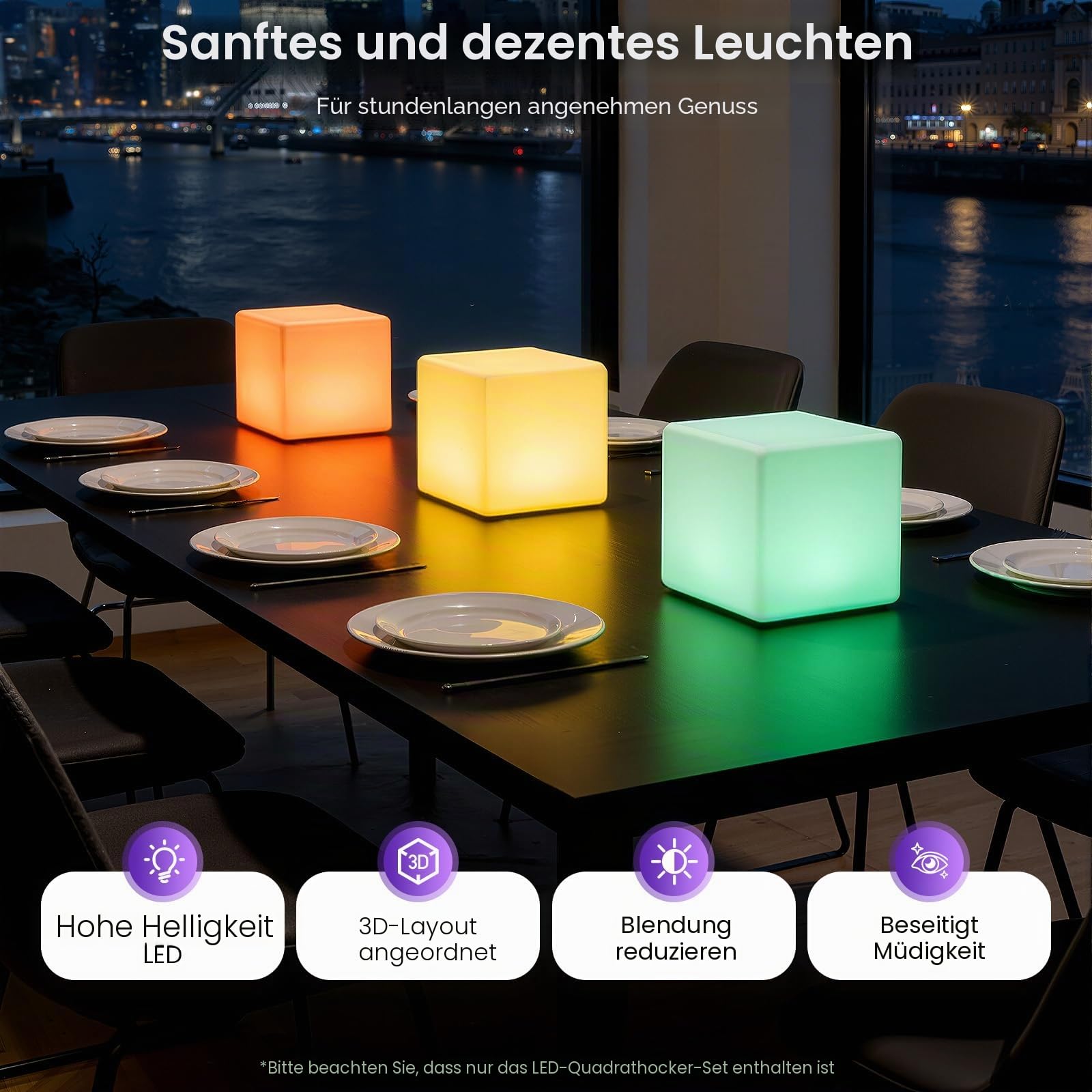 Hocker Leuchtwürfel, Sitzwürfel mit RGB LED Einstellbare Lichtfarben Stuhl Sitz, Leuchtwürfel Hocker, LED Würfel Erstklassiger Sitz, Wasserdicht Cube Outdoor