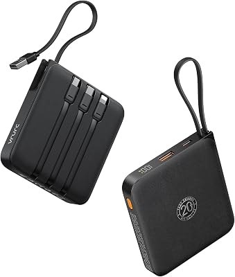 VRURC Power Bank 20000mAh, Power Bank con Cables Integrados, Batería de Carga Rápida USB C de 22,5 W, Pantalla LED para iPhone 15 14 iPad Samsung Galaxy S23 Google Android Phone – Negro