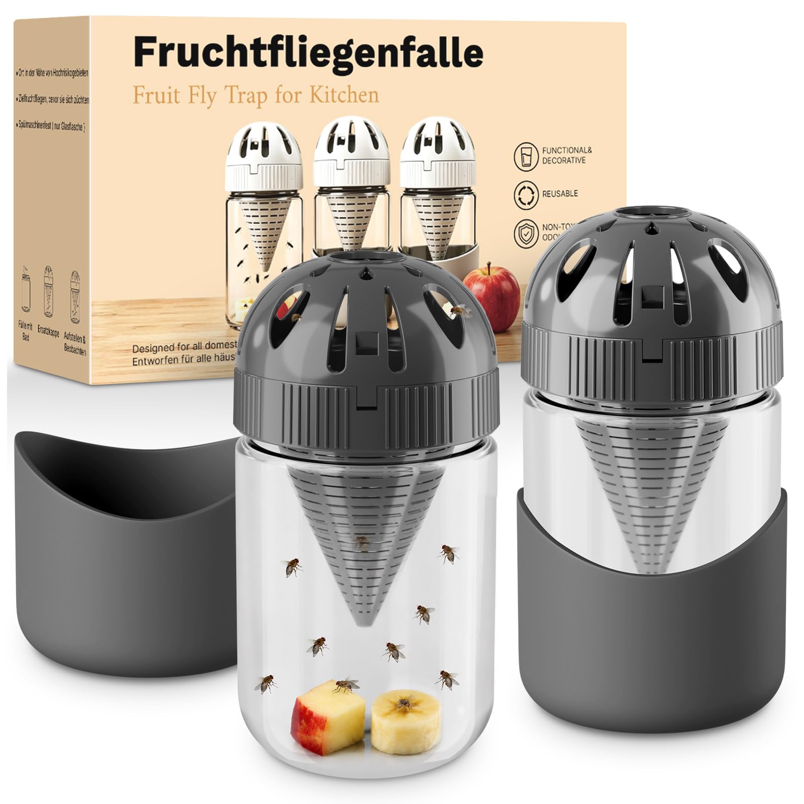 Vepazony 2 Pack Glass Fruit Fly Trap, Escape-proof Lid Indoor Flies Catcher Observable Effective Against Flies Reusable Live Traps for Home Kitchen Use, Dark Grey