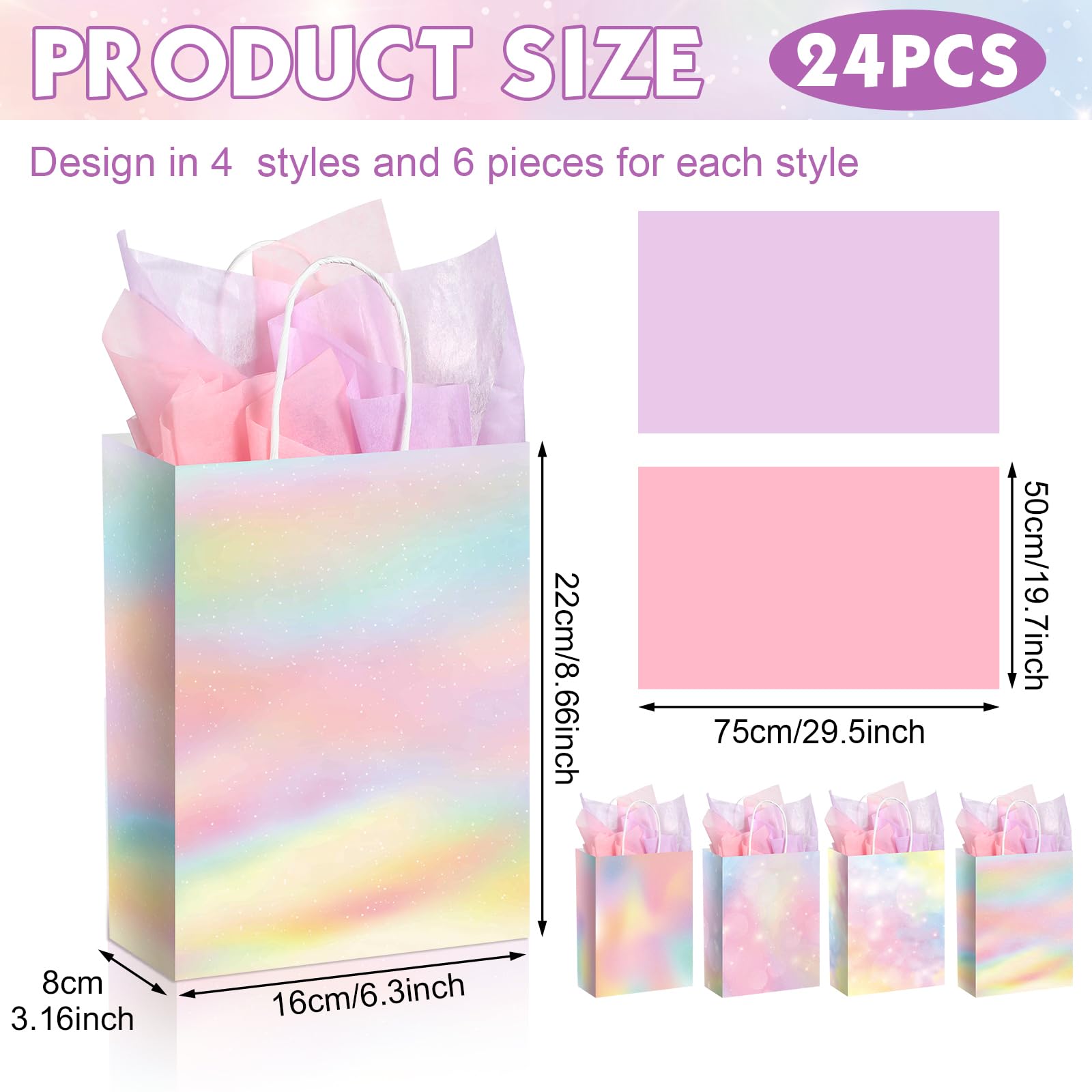 Maitys 24 Pcs Pastel Rainbow Goodie Bags with Tissue Paper, Spring Easter Party Favor Bags Rainbow Party Favor Bag Pastel Gift Bag for Kids Girls Spring Unicorn Birthday Wedding Baby Shower Decor