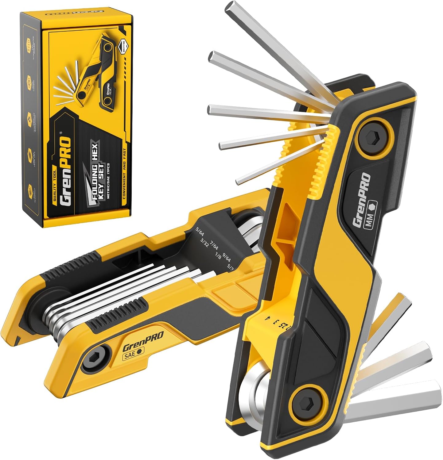 GRENPRO Folding Allen Wrenches Sets, Hex Key Allen Wrench Set, Bike Tool Kit, Standard Metric & SAE Multifunction Tools, 17PCS Allen Key Set, 2Pack
