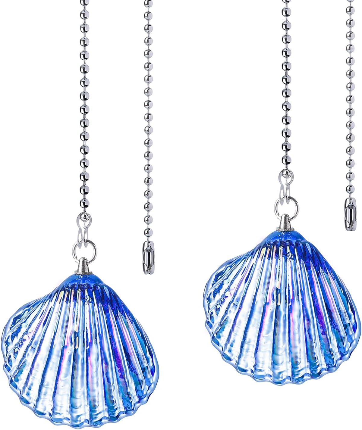 LONGSHENG - SINCE 2001 - 2 Pack Silver Ceiling Fan Pull Chain Extension, Blue Glass Shell Shaped Pendant Pull Chains for Ceiling Fans and Lights, Decorative Fan Pulls Extenders with Connector