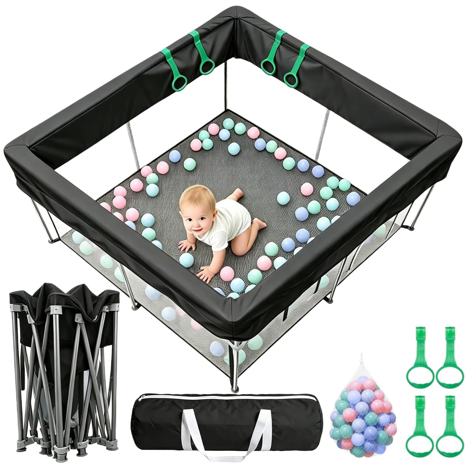 50x50 Baby Playpen, Foldable Playpen for Toddlers 1-3 Playard with 50 Balls & 4 Pull Rings, Sturdy Steel Frame & Oxford Fabric, Gift Box Included