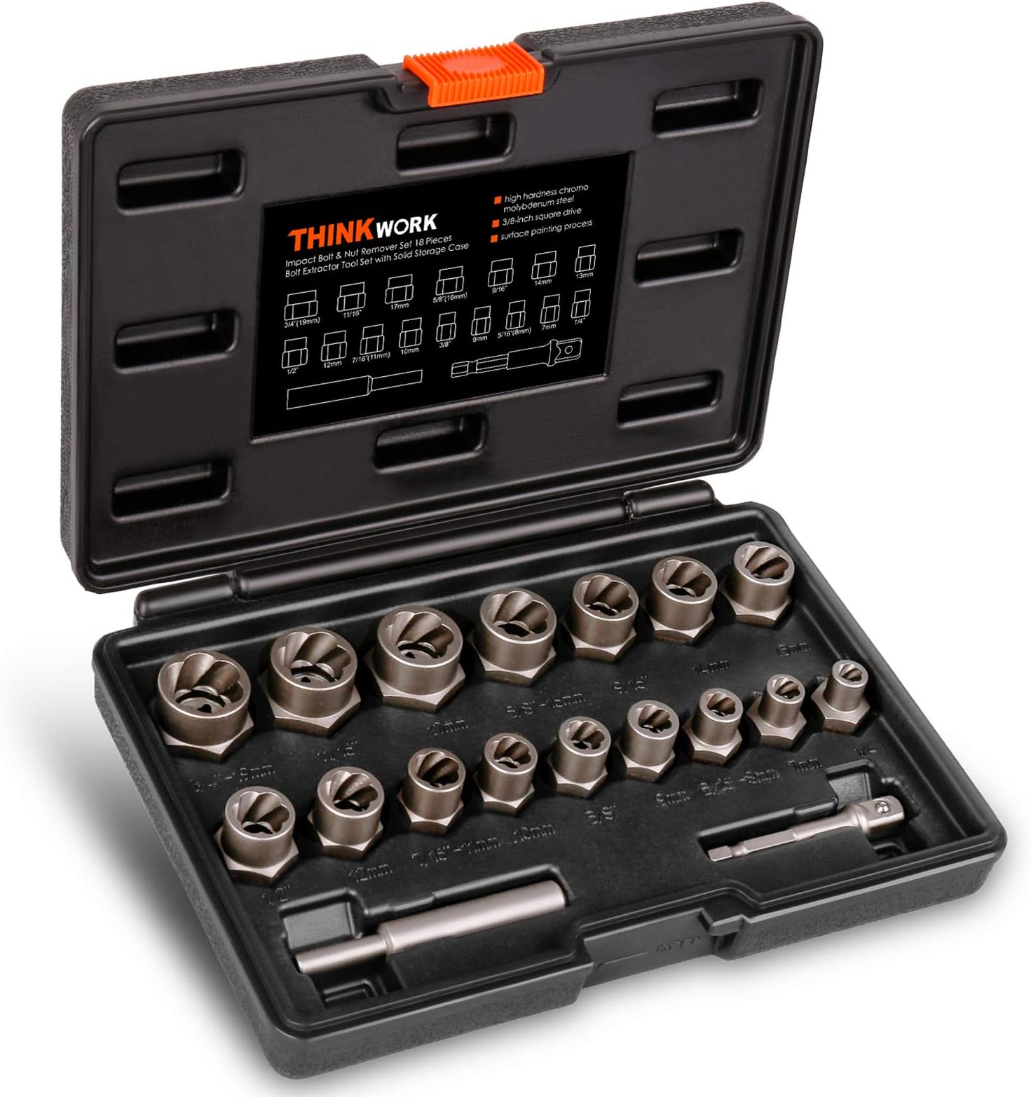 THINKWORK Bolt Extractor Kit, 18-Piece Nut Extractor Socket Set, 3/8" Drive Rounded Bolt Remover, Lug Nut Removal Tool for Damaged, Rusted, Rounded-Off, Stripped Fasteners