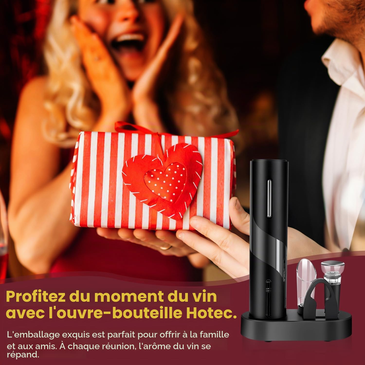 Hotec Tire-bouchon électrique - Décapsuleur automatique - Idée cadeau - Décapsuleur de vin - Tire-bouchon de vin avec coupe-capsule - Câble USB - Bec verseur - Bouchon sous vide