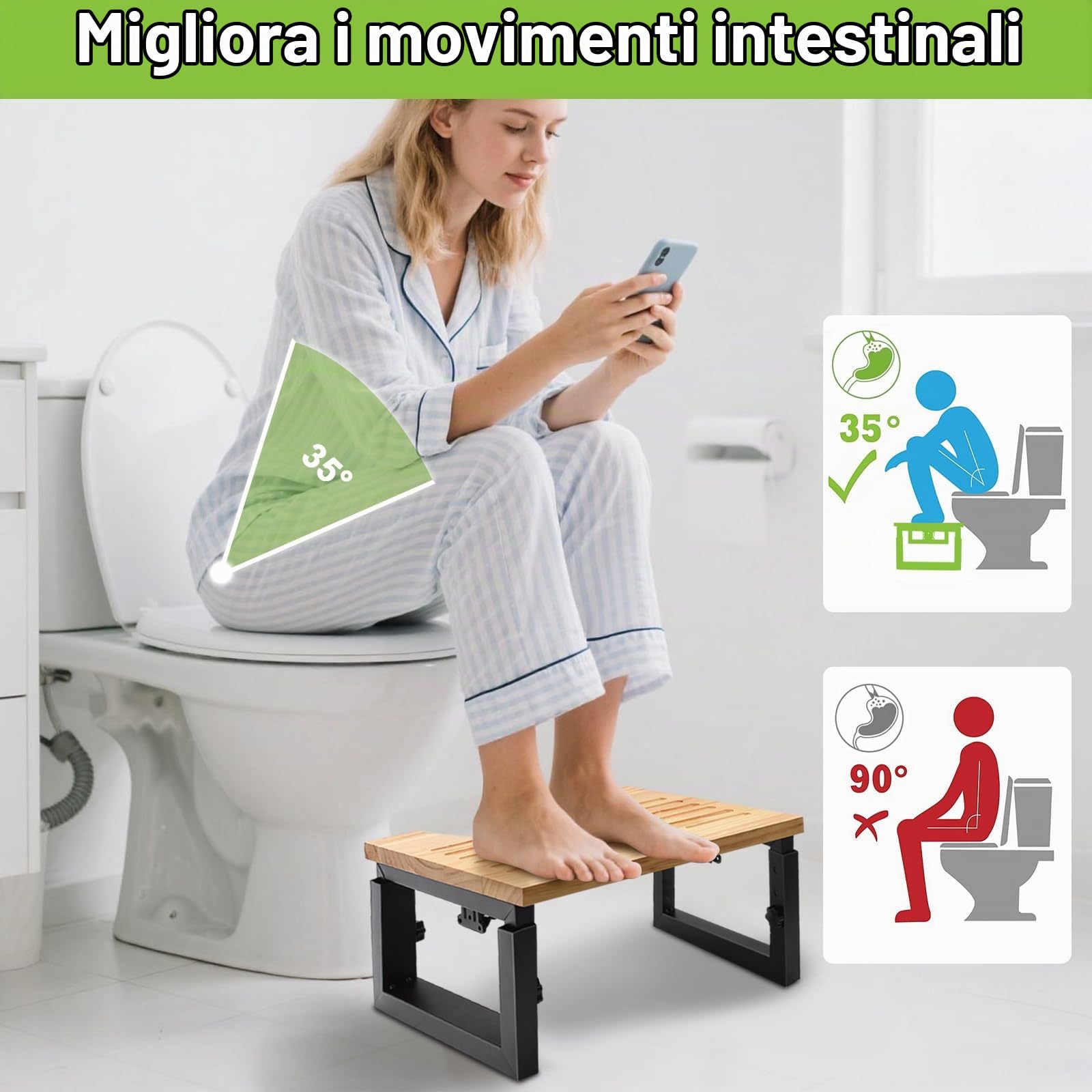 Sgabello WC Pieghevole in Legno, Altezza Regolabile Sgabello Poggiapiedi Bagno con Pad Antiscivolo, Squatty Toilette per Adulti Bambini e Anziani