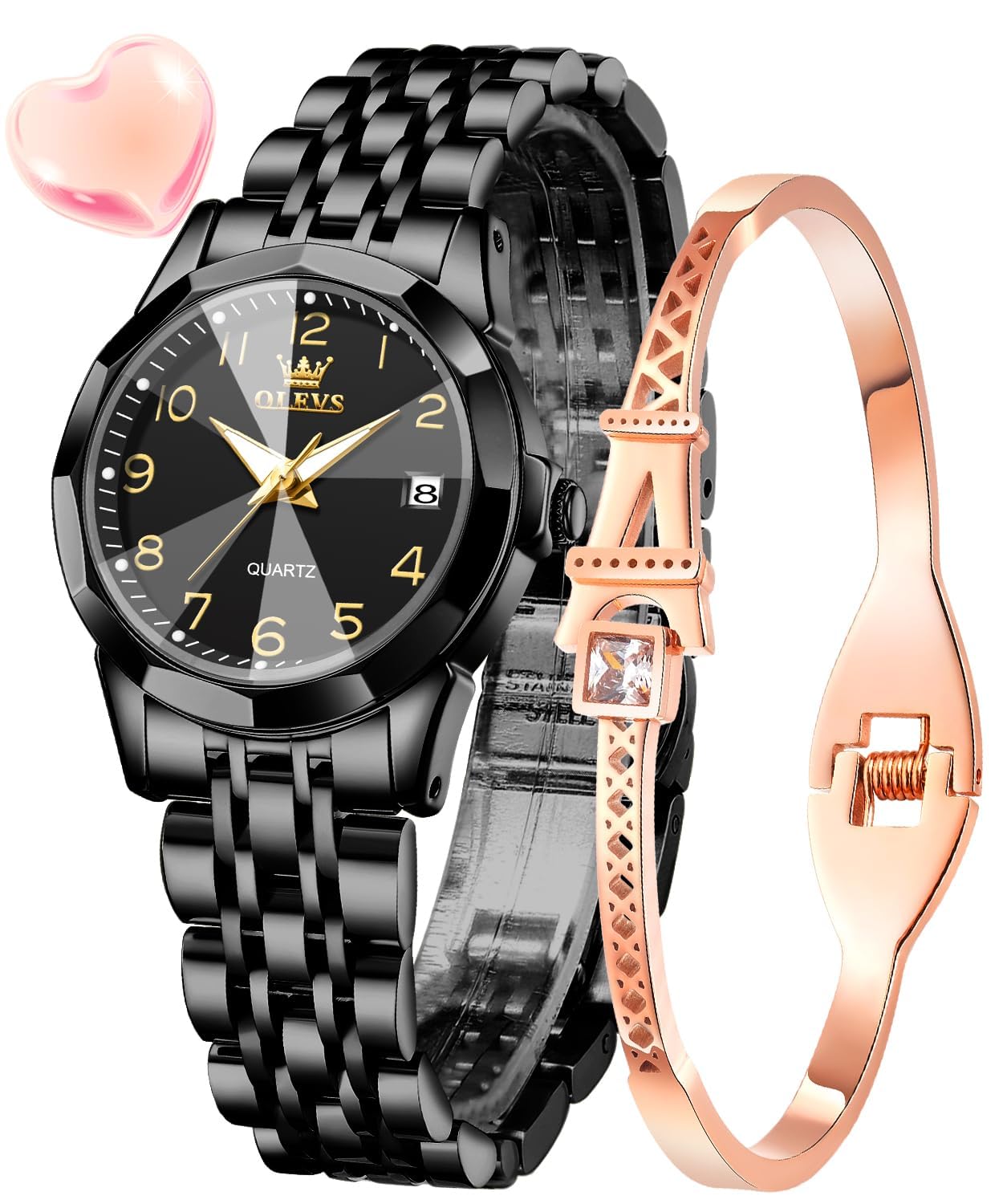 OLEVS Damenuhr Diamant Analog Quarz Uhren Damen Edelstahl Wasserdicht Leuchtend Modisch Elegantes Kleid Armbanduhr Armreif Geschenk Set