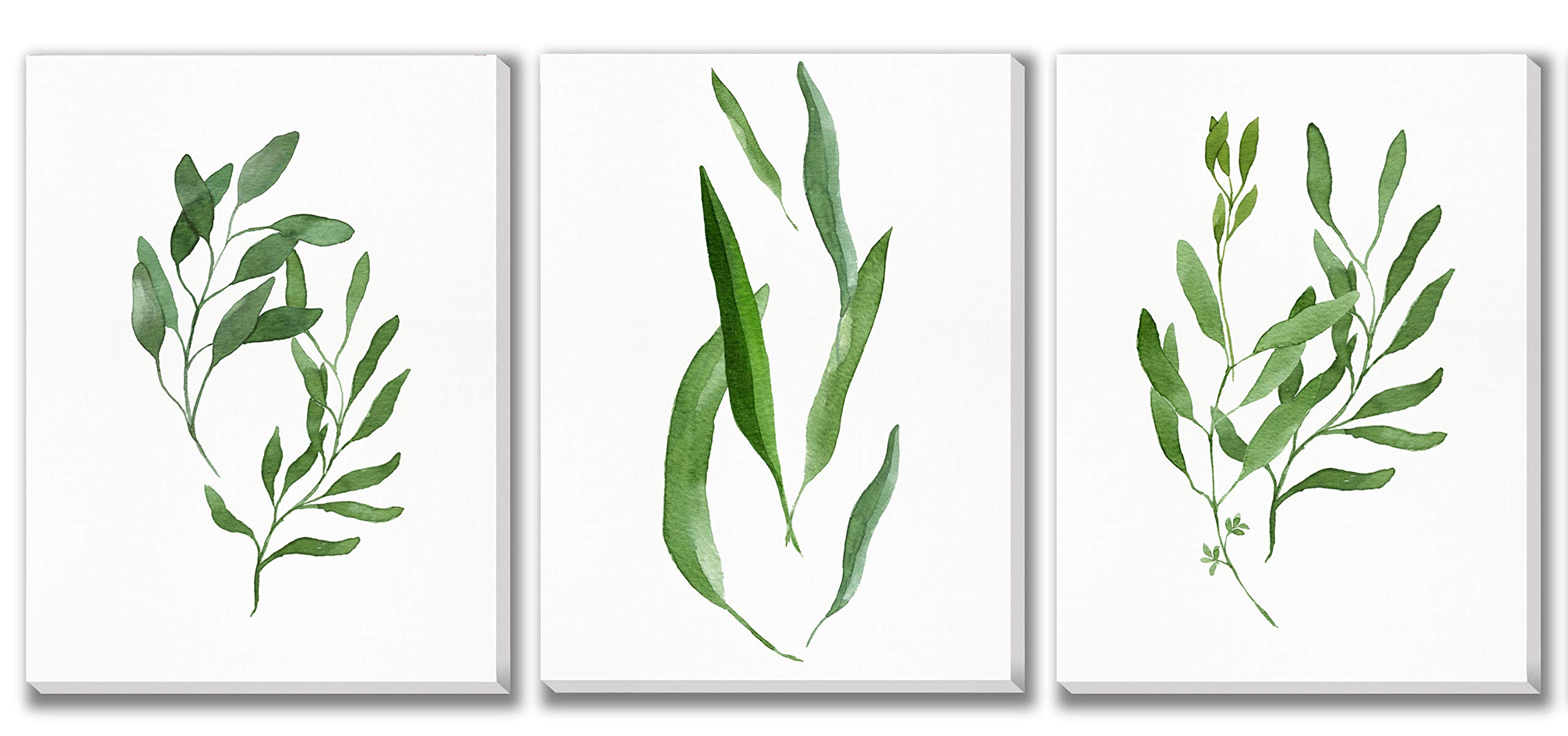 12" x 16" Green Leaves Tropical Watercolor Painting Leaf Artwork Set No.3 Canvas Print Wall Art Giclee Printing Wall Decor Ready to Hang Home Decoration, 3-Pack