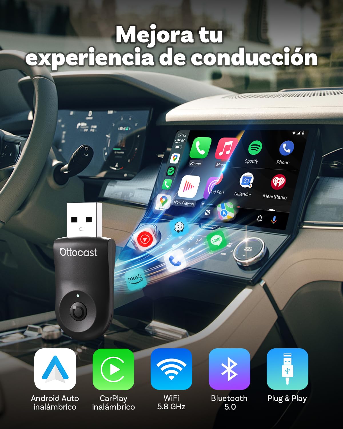 Mejorado 2025-2-en-1 Adaptador inalámbrico CarPlay y Android Auto, OTTOCAST Mini para iOS 10+ y Android 11+, Convierte CarPlay por Cable a inalámbrico, Compatible con USB-A y USB-C (Negro)