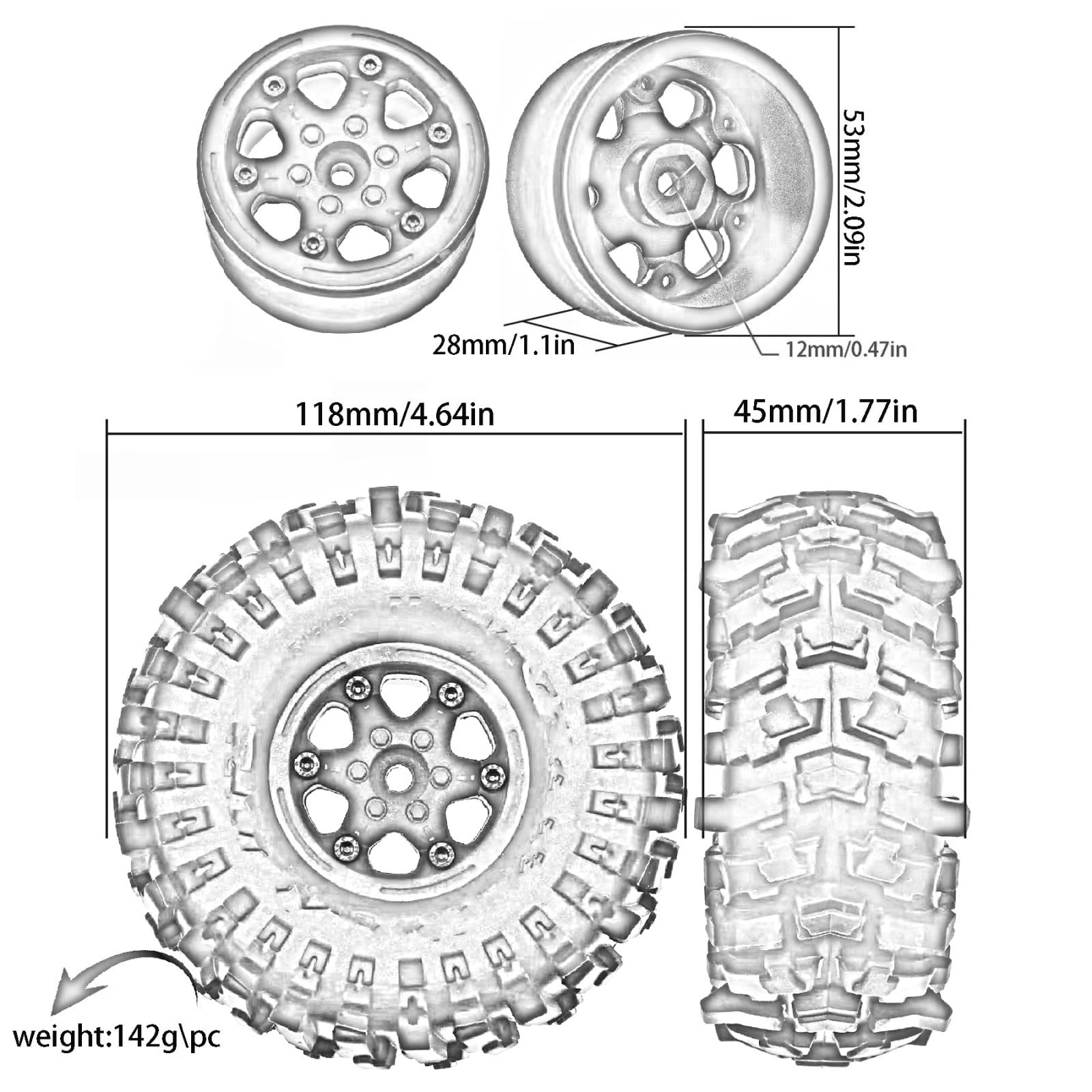 RC Pneus Jante Compatible avec Traxxas pour TRX4 D90 pour Axial pour SCX10 pour MST 1/10 RC Voiture sur Chenilles 4 Pièces 118mm 1.9 "Jante De Roue Beadlock Jeu De Pneus en Caoutchouc