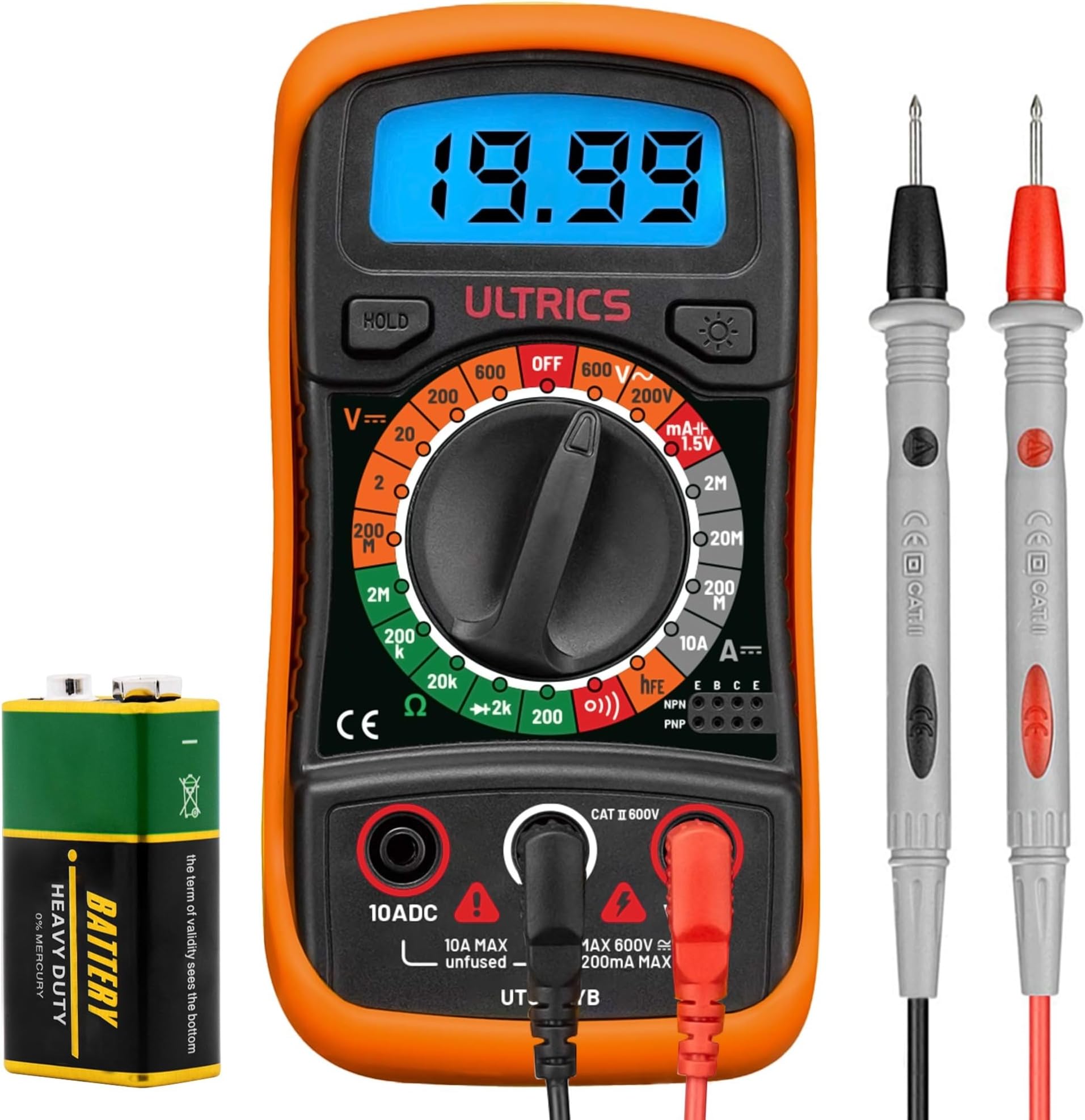 ULTRICS Digital Multimeter, Voltmeter Ammeter Ohmmeter Circuit Checker with Backlight LCD Test Leads, Portable Multi Tester Measures OHM AC DC Voltage Current Resistance Continuity Diodes Transistor
