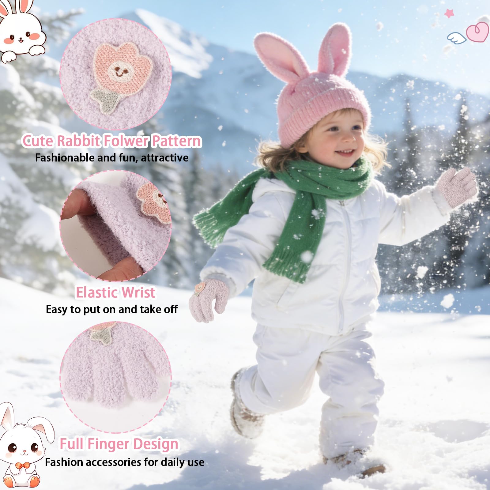 QKURT Lot de 3 paires de gants chauds et magiques pour tout-petits, motif lapin et fleurs, gants thermiques d'hiver doux et élastiques pour bébés garçons et filles, 1-3 ans