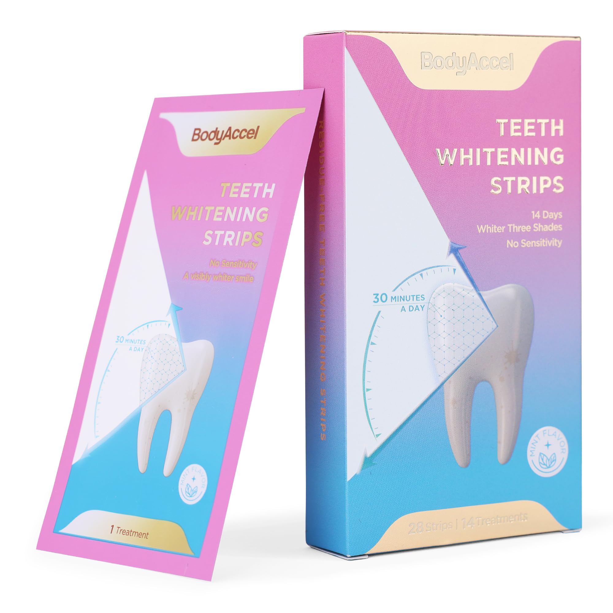 BodyAccel Teeth Whitening Strips, 7/14 Day Treatments, White Strips for Teeth Whitening, Residue-Free, Enamel Safe, Intensive Whitening, Rinse-Free (28 Count)