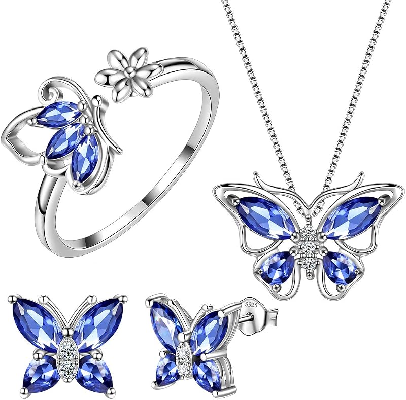 Aurora Tears Butterfly Jewelry, collar/pendientes/anillos con colgante de piedra natal de mariposas de plata de ley 925 para mujer, regalo de boda